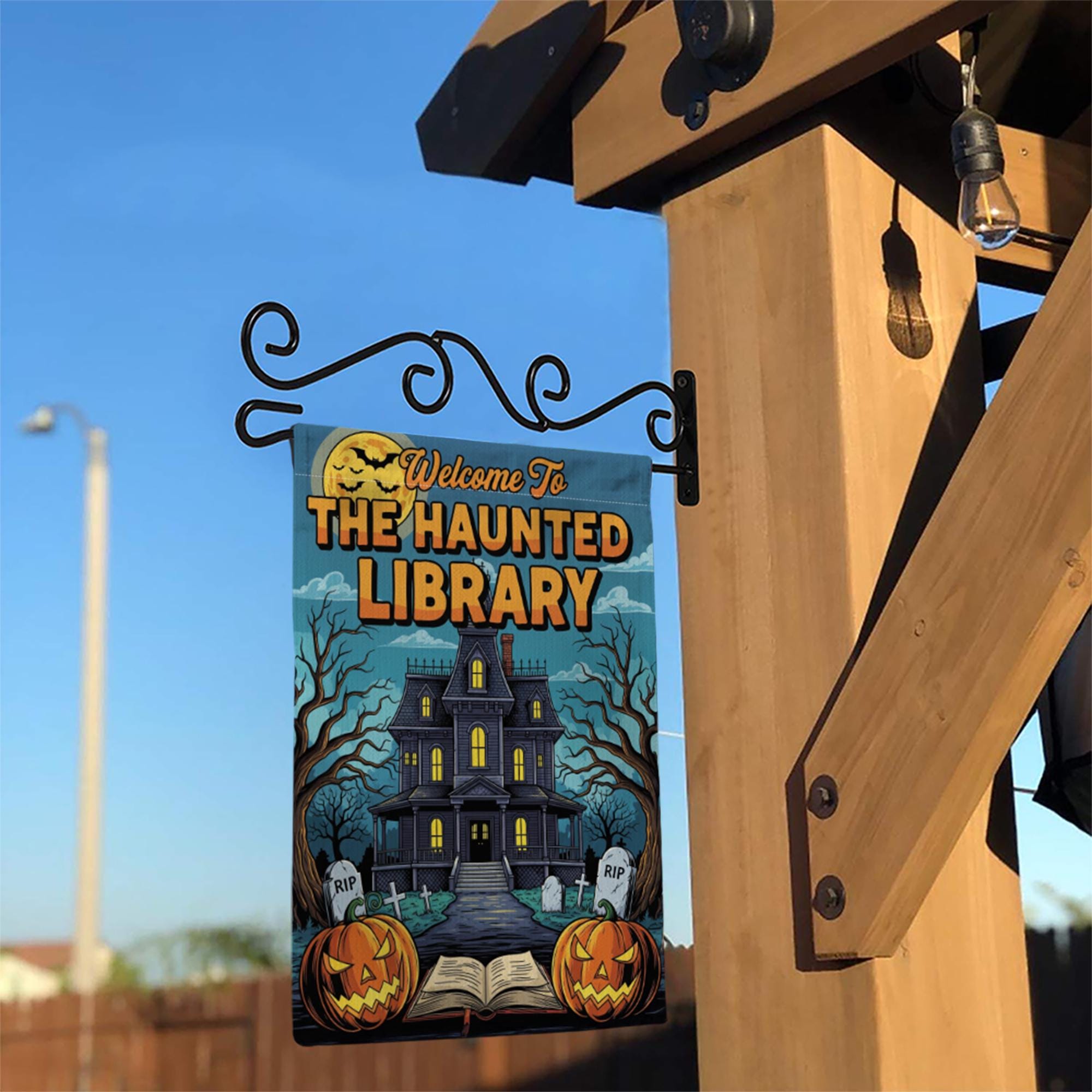 Haunted Library Garden Flag - Halloween Book Lover Yard Decor - Spooky House Outdoor Sign