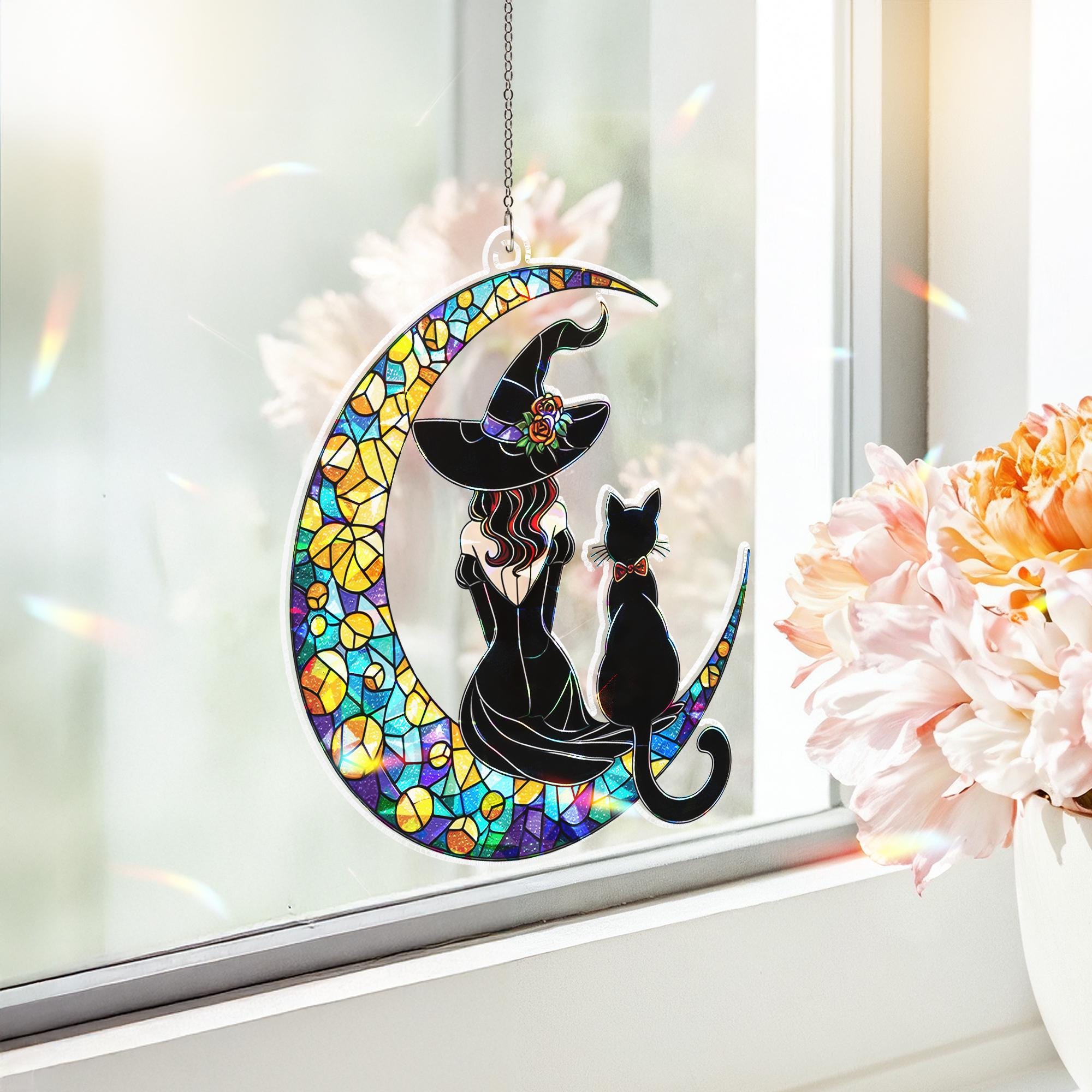 Halloween Witch Cat Suncatcher, Holographic Acrylic Moon Window Hanging, Gothic Fall Decor, Spooky Charm window decor