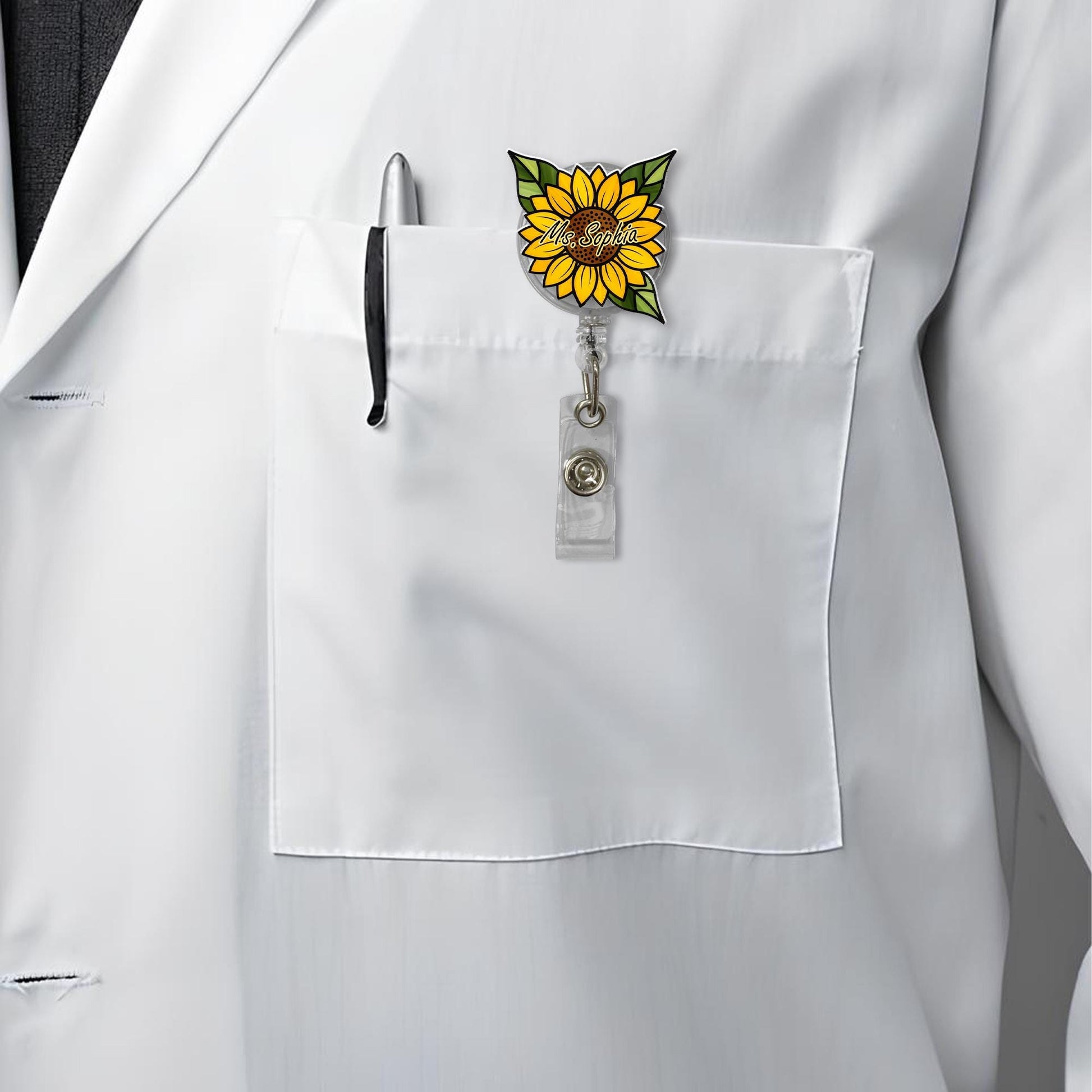 Custom Sunflower Badge Reel, Personalized Teacher ID Holder, Back to School Name Tag, Retractable Clip for Nurses and Staff