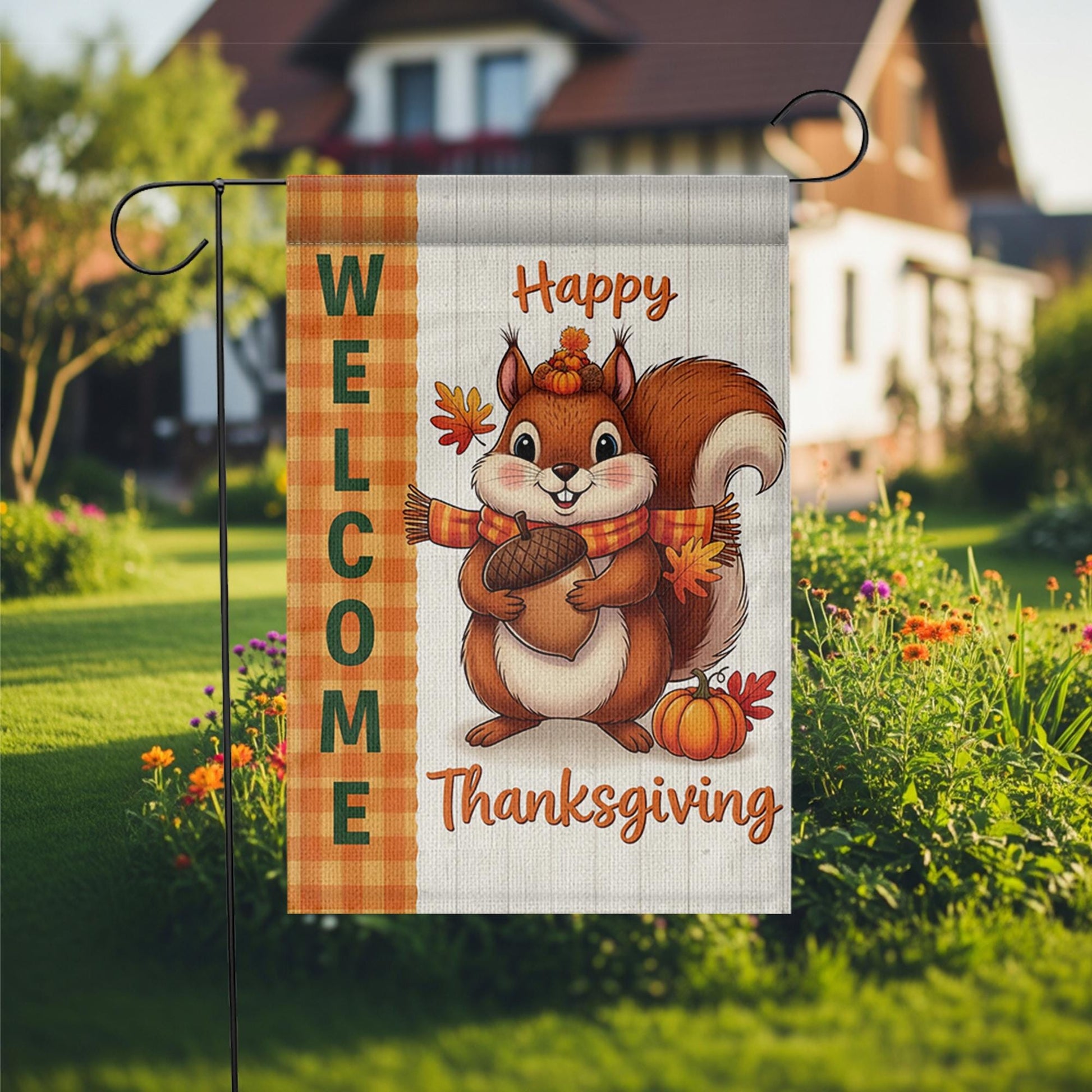Cute Thanksgiving Squirrel Garden Flag - Fall Welcome Yard Decor with Acorn & Pumpkin
