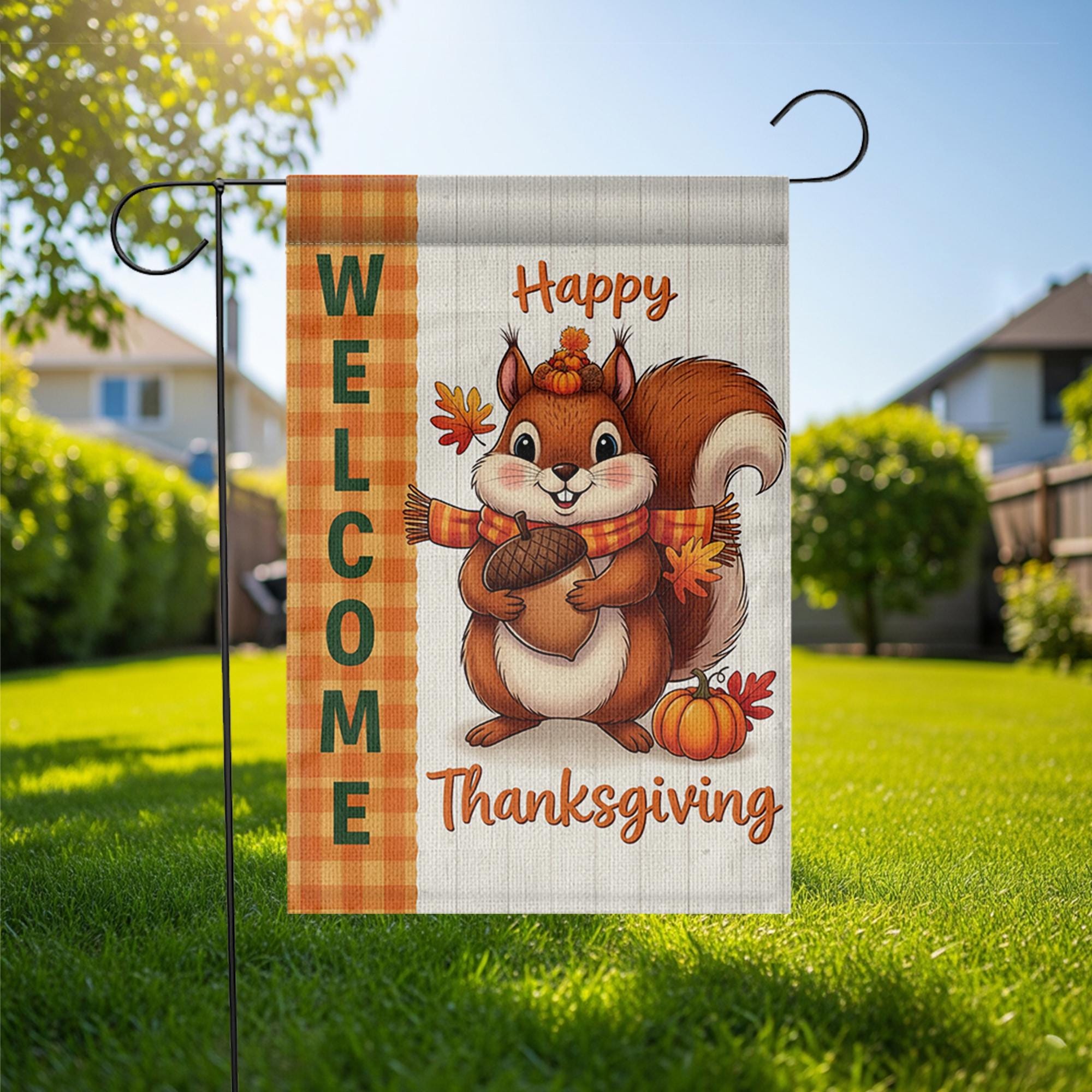 Cute Thanksgiving Squirrel Garden Flag - Fall Welcome Yard Decor with Acorn & Pumpkin