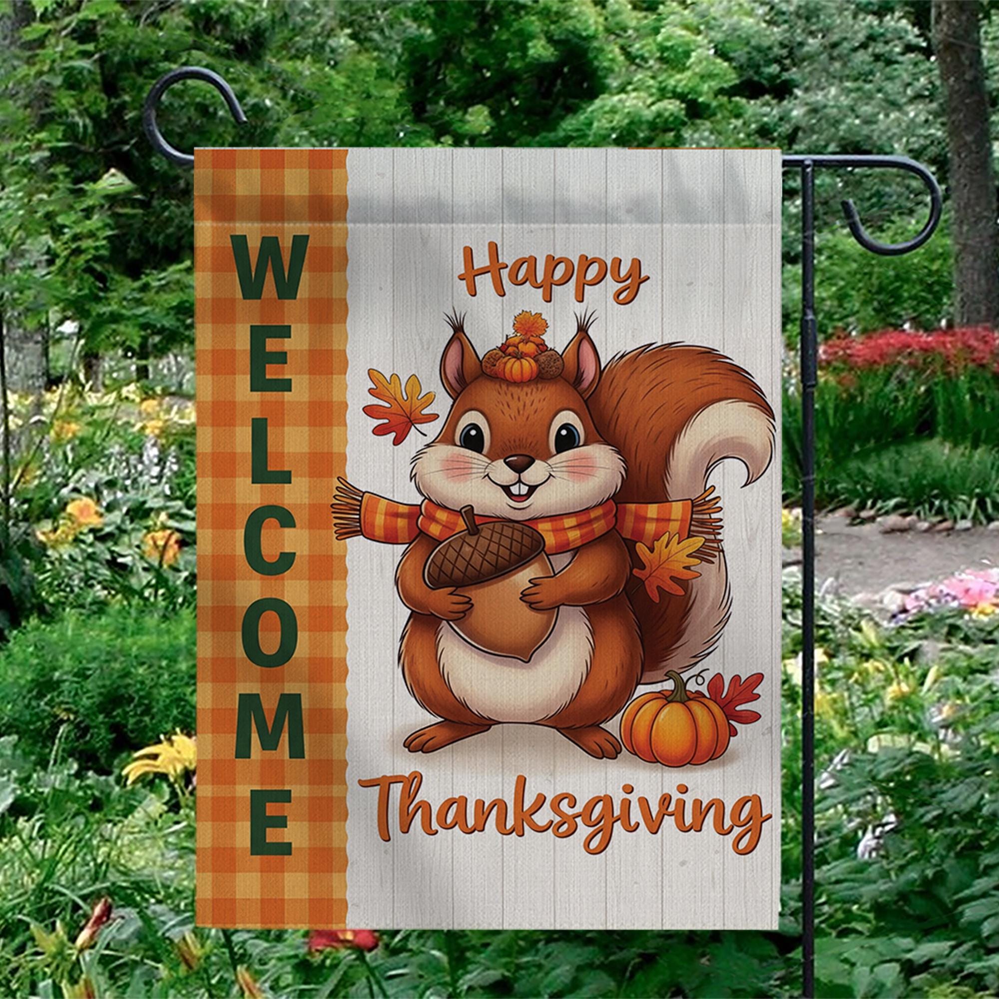 Cute Thanksgiving Squirrel Garden Flag - Fall Welcome Yard Decor with Acorn & Pumpkin