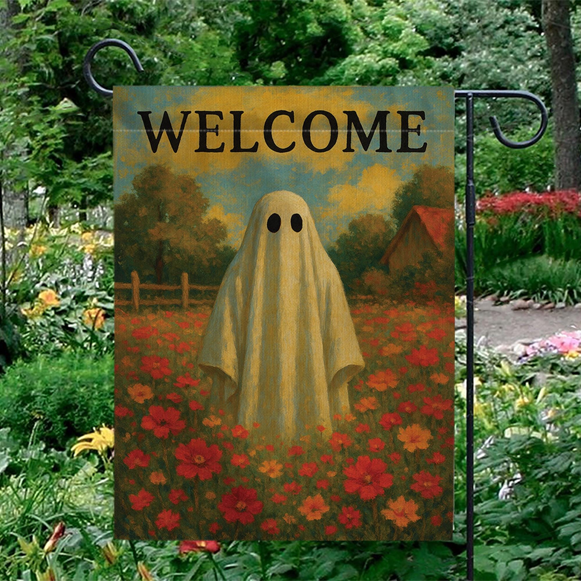 Vintage Ghost Garden Flag, Halloween Welcome Yard Flag, Spooky Floral Outdoor Decor, Fall Cottagecore Ghost House Banner