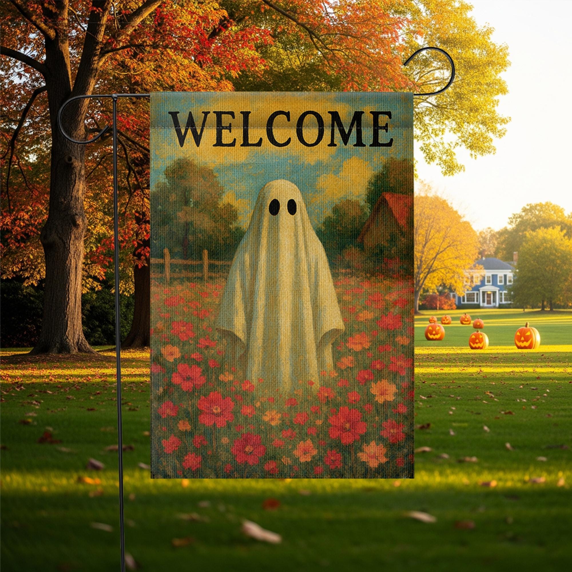Vintage Ghost Garden Flag, Halloween Welcome Yard Flag, Spooky Floral Outdoor Decor, Fall Cottagecore Ghost House Banner