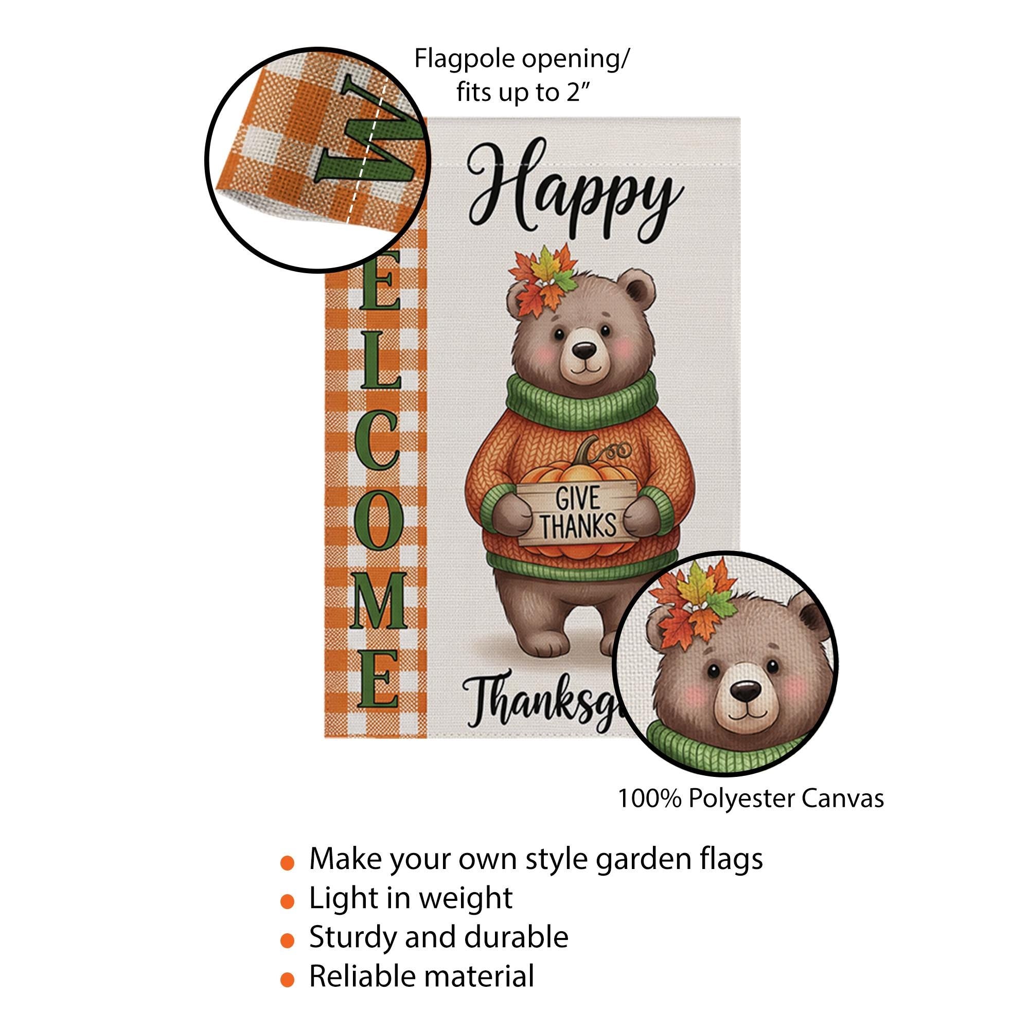 Thanksgiving Bear Garden Flag - Cute Give Thanks Fall Yard Decor - Autumn Welcome Sign
