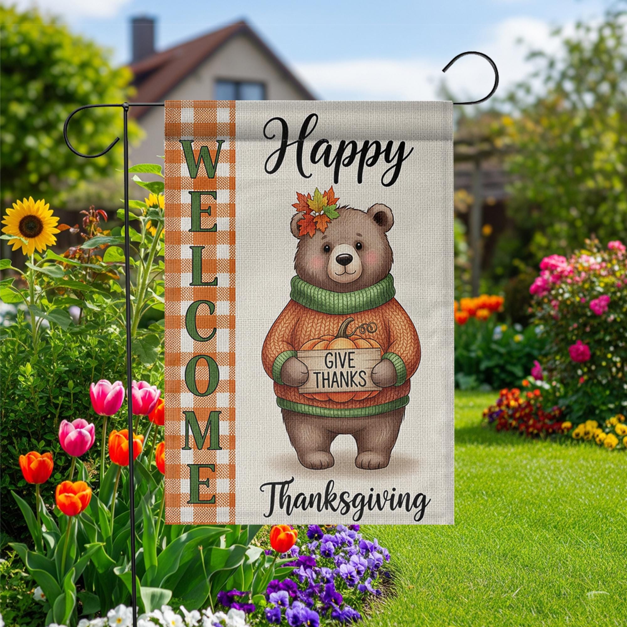 Thanksgiving Bear Garden Flag - Cute Give Thanks Fall Yard Decor - Autumn Welcome Sign