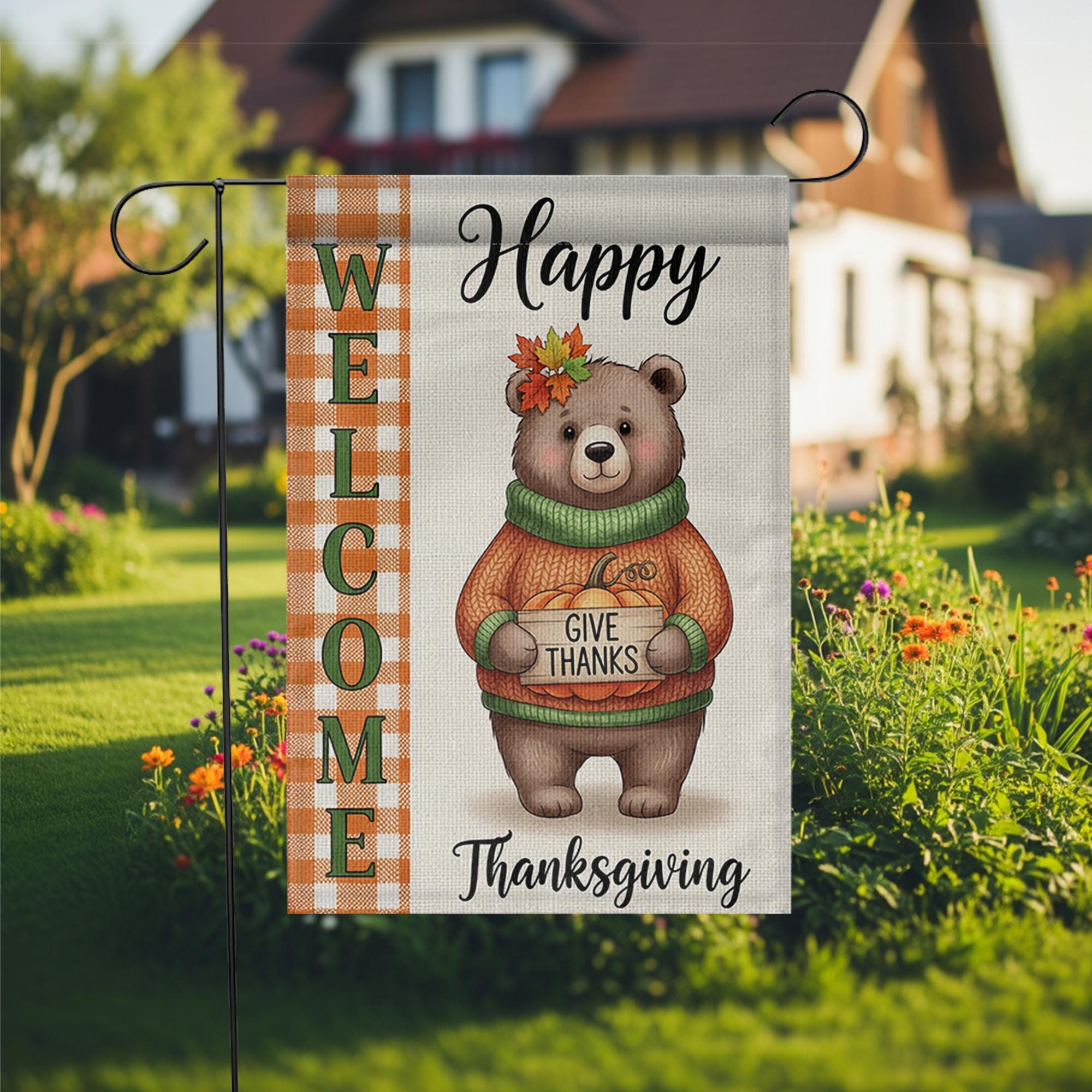 Thanksgiving Bear Garden Flag - Cute Give Thanks Fall Yard Decor - Autumn Welcome Sign