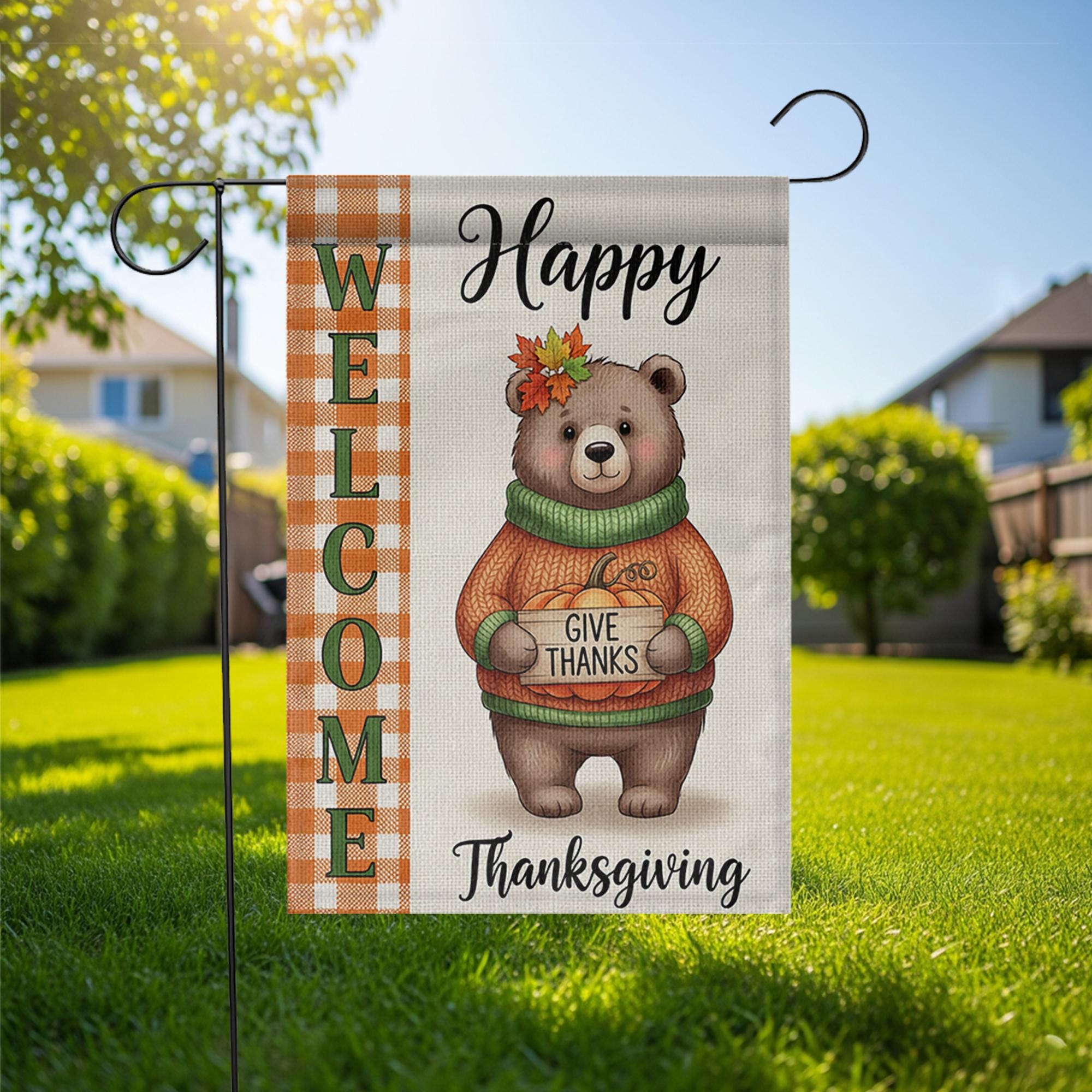 Thanksgiving Bear Garden Flag - Cute Give Thanks Fall Yard Decor - Autumn Welcome Sign