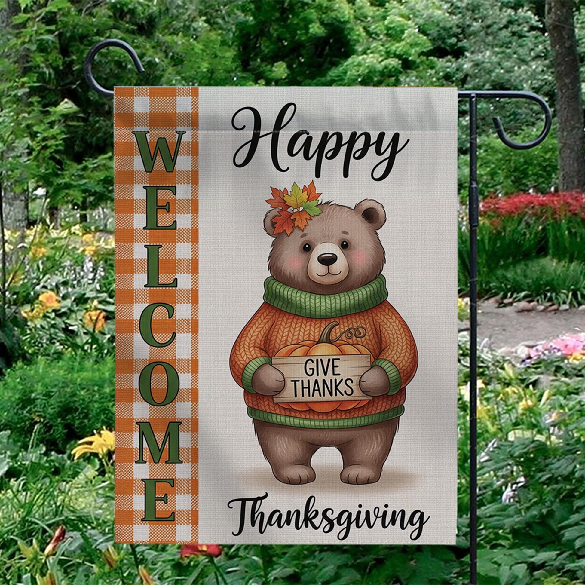 Thanksgiving Bear Garden Flag - Cute Give Thanks Fall Yard Decor - Autumn Welcome Sign