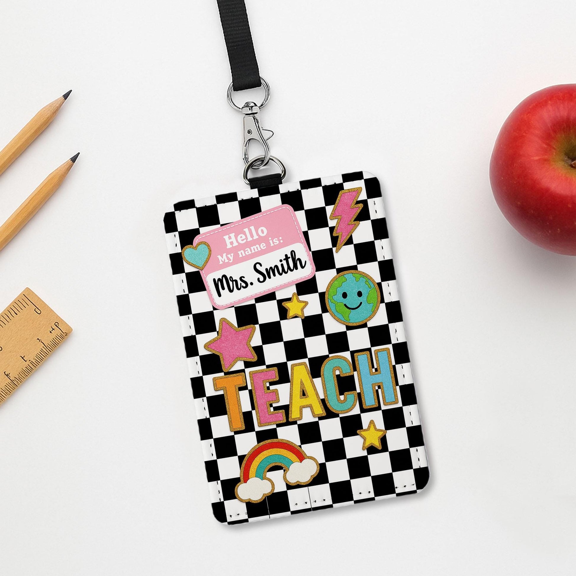 Teacher Badge Holder, Custom ID Card with Name Tag, Back to School Lanyard, Cute Checkered Classroom Accessory for Teachers