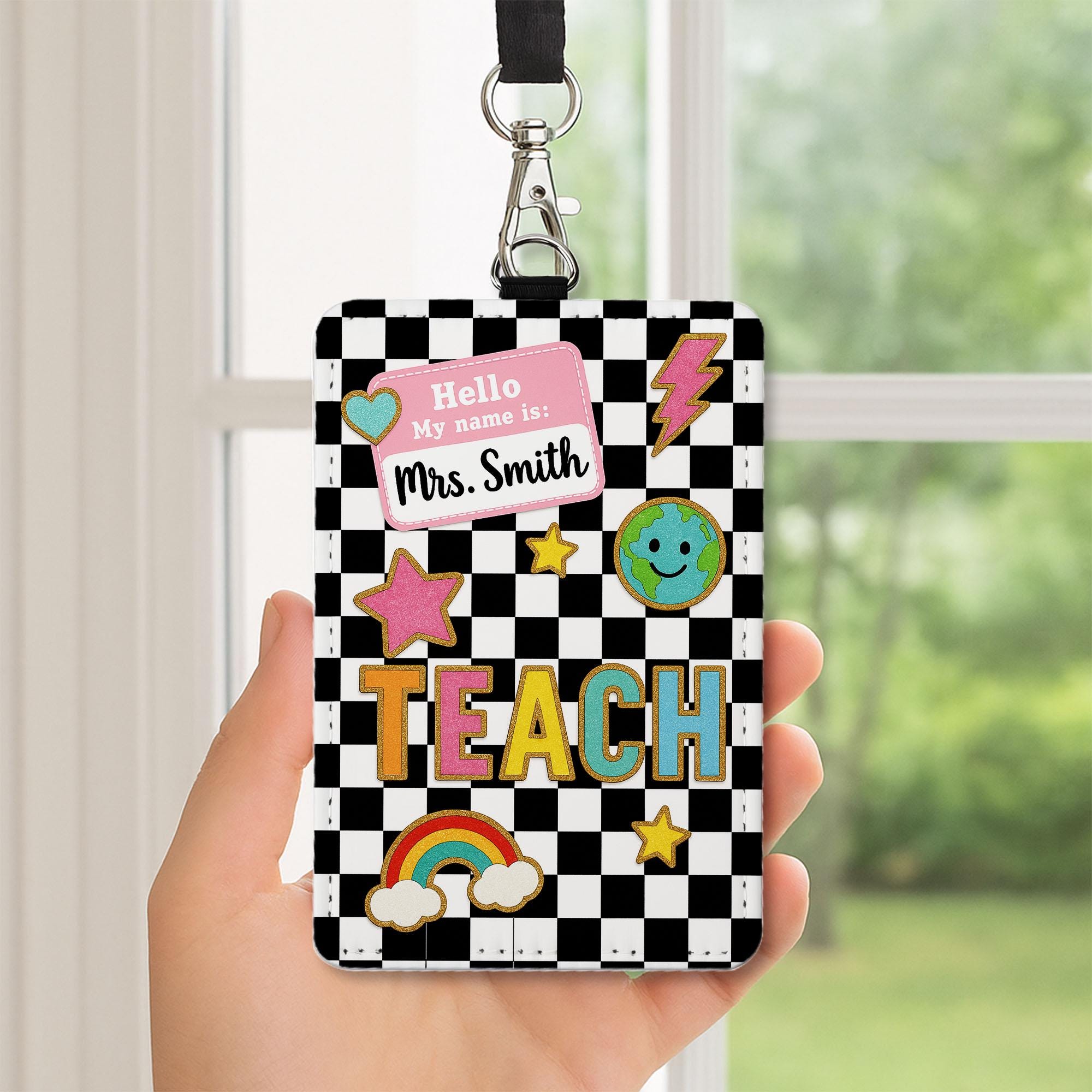 Teacher Badge Holder, Custom ID Card with Name Tag, Back to School Lanyard, Cute Checkered Classroom Accessory for Teachers