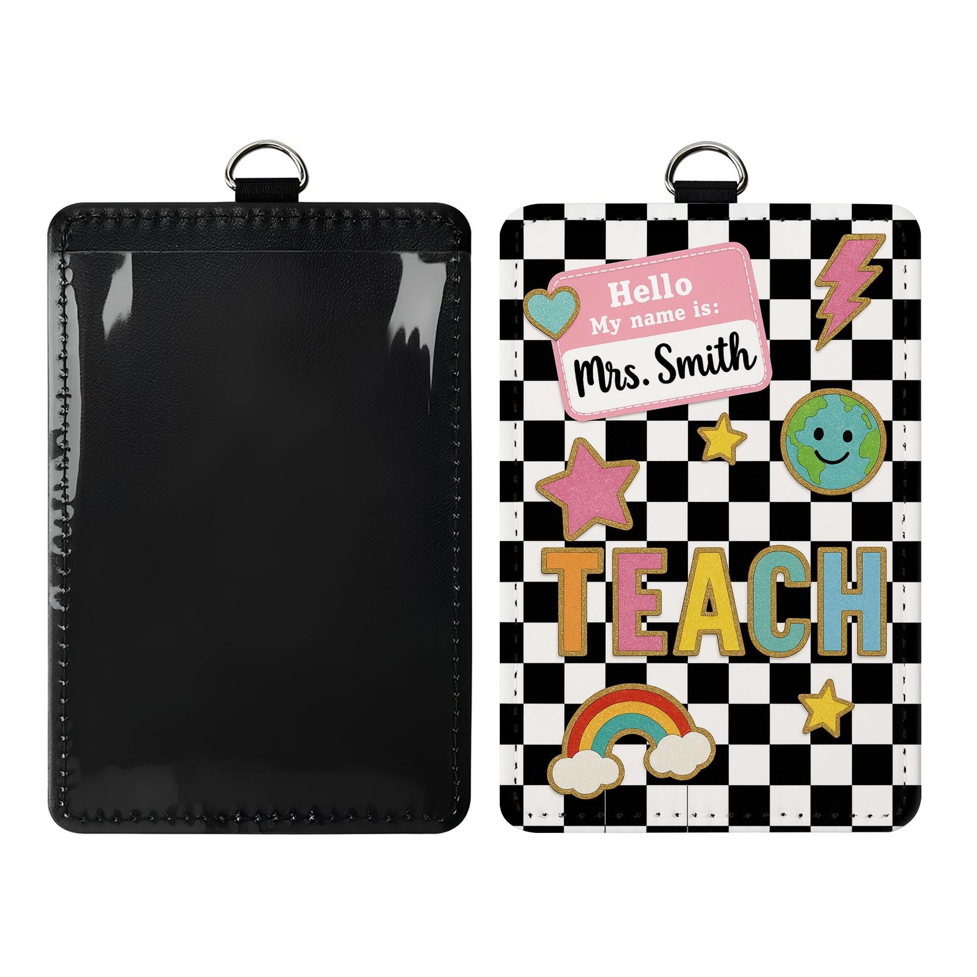 Teacher Badge Holder, Custom ID Card with Name Tag, Back to School Lanyard, Cute Checkered Classroom Accessory for Teachers