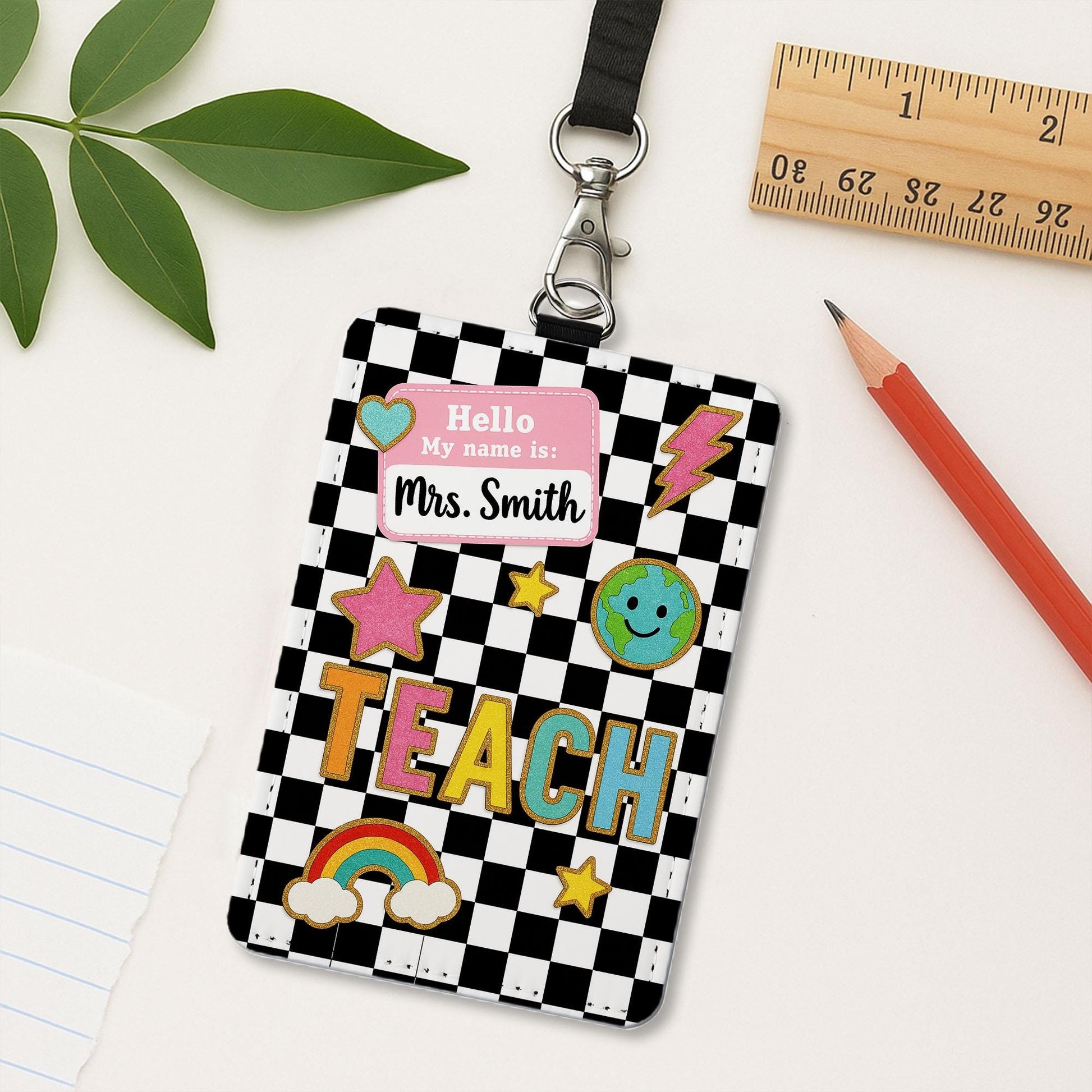 Teacher Badge Holder, Custom ID Card with Name Tag, Back to School Lanyard, Cute Checkered Classroom Accessory for Teachers
