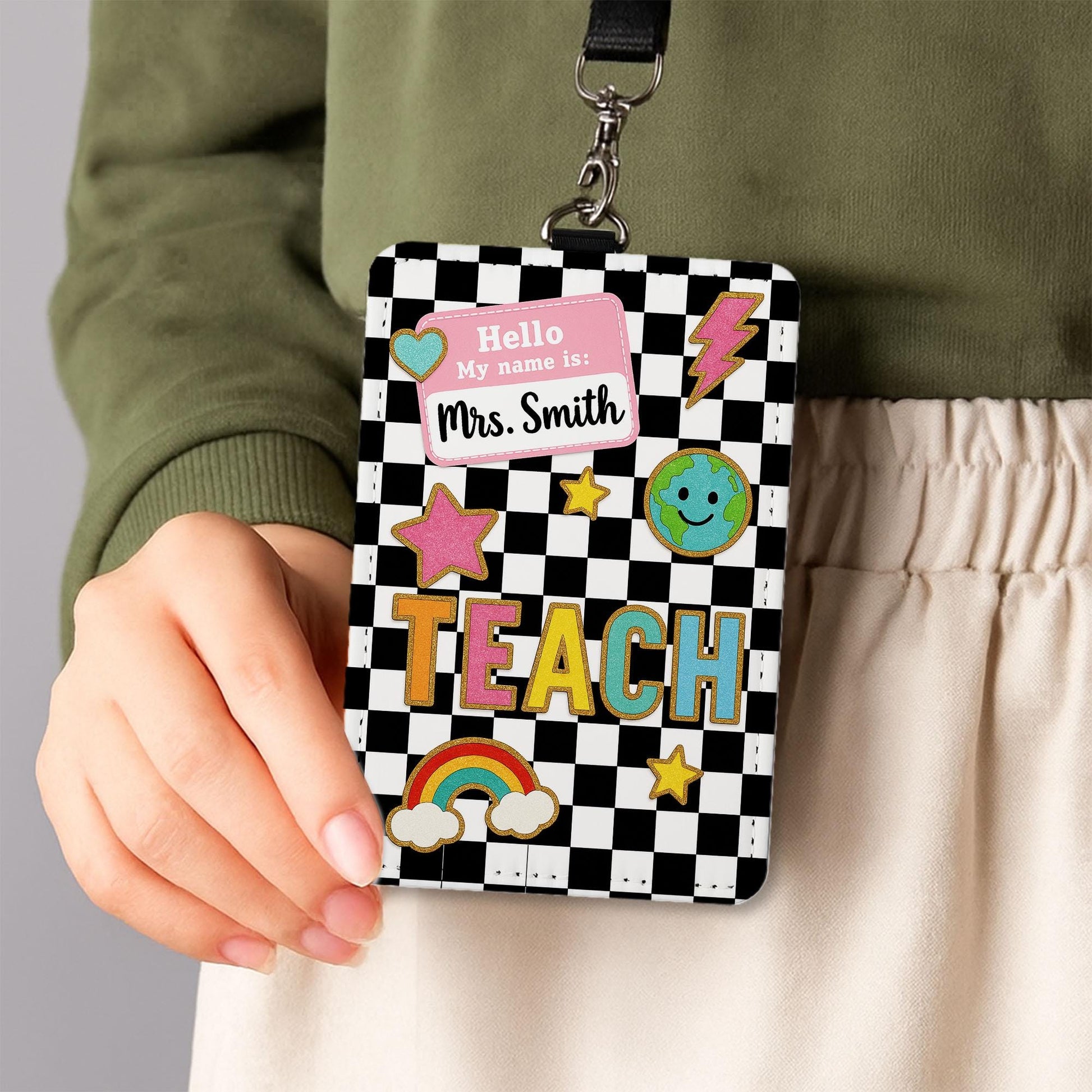 Teacher Badge Holder, Custom ID Card with Name Tag, Back to School Lanyard, Cute Checkered Classroom Accessory for Teachers