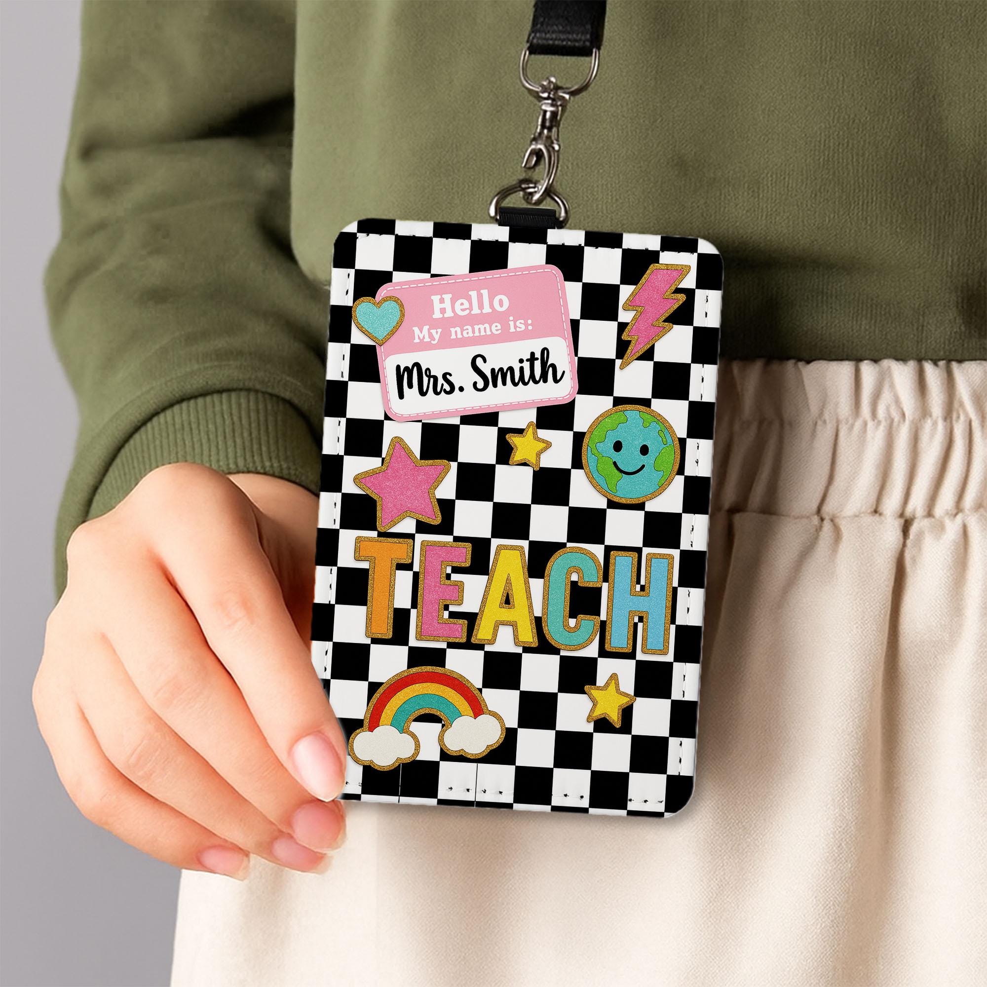 Teacher Badge Holder, Custom ID Card with Name Tag, Back to School Lanyard, Cute Checkered Classroom Accessory for Teachers