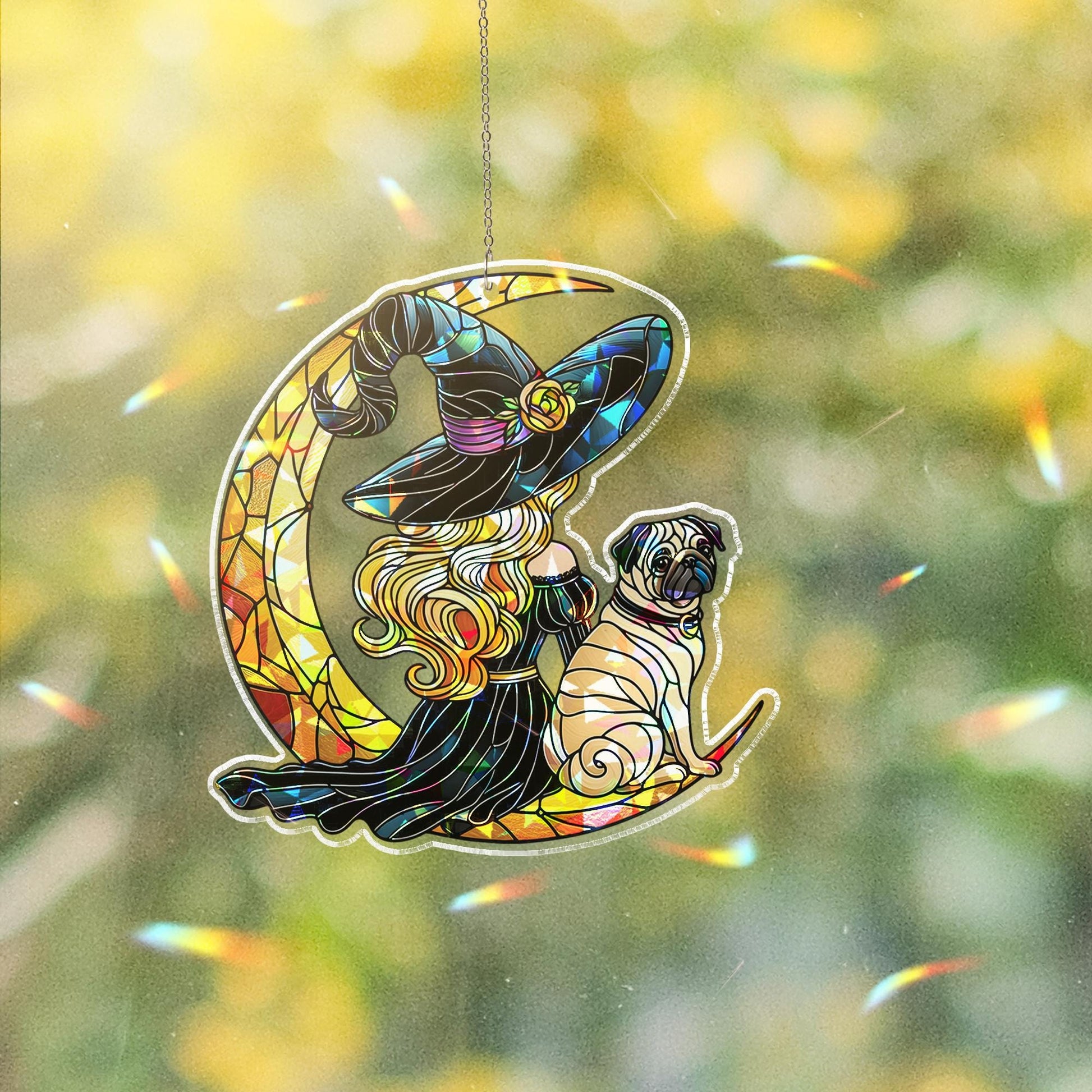 Halloween Witch & Pug Suncatcher, Holographic Acrylic Moon Window Decor, Stained Glass Style Dog Lover Fall Hanging Ornament