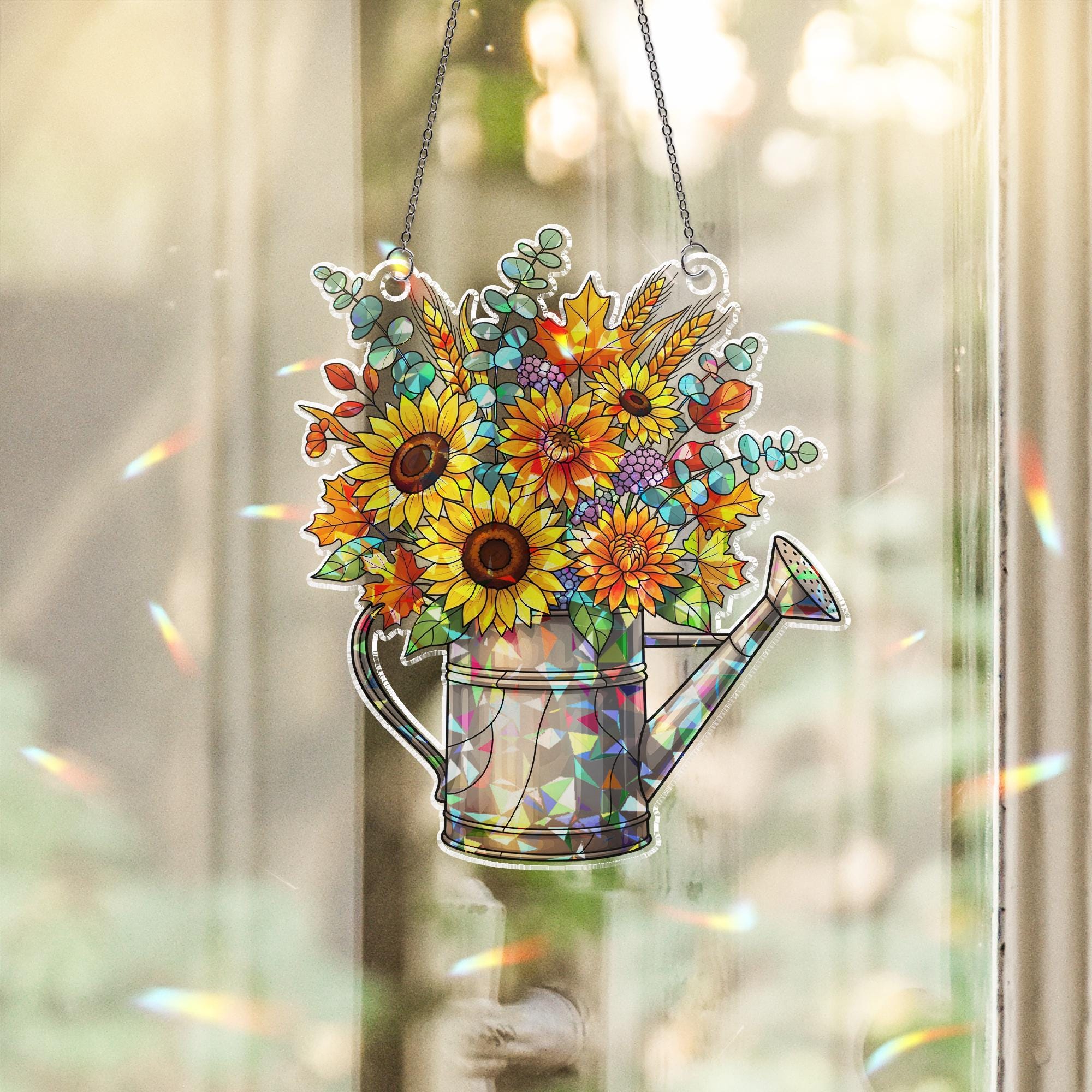 Autumn Sunflower Stained Glass Suncatcher | Fall Watering Can Window Decor | Colorful Floral Hanging Ornament Gift