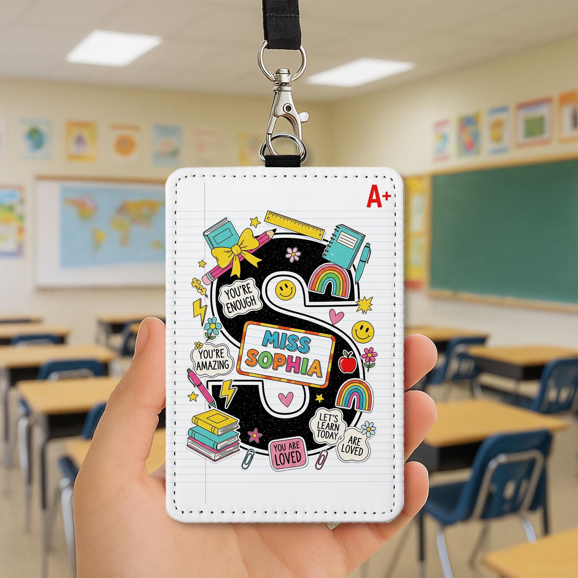 Custom Teacher Badge Holder, Personalized ID Card with Name, Cute Back to School Lanyard, Classroom Accessory for Educators