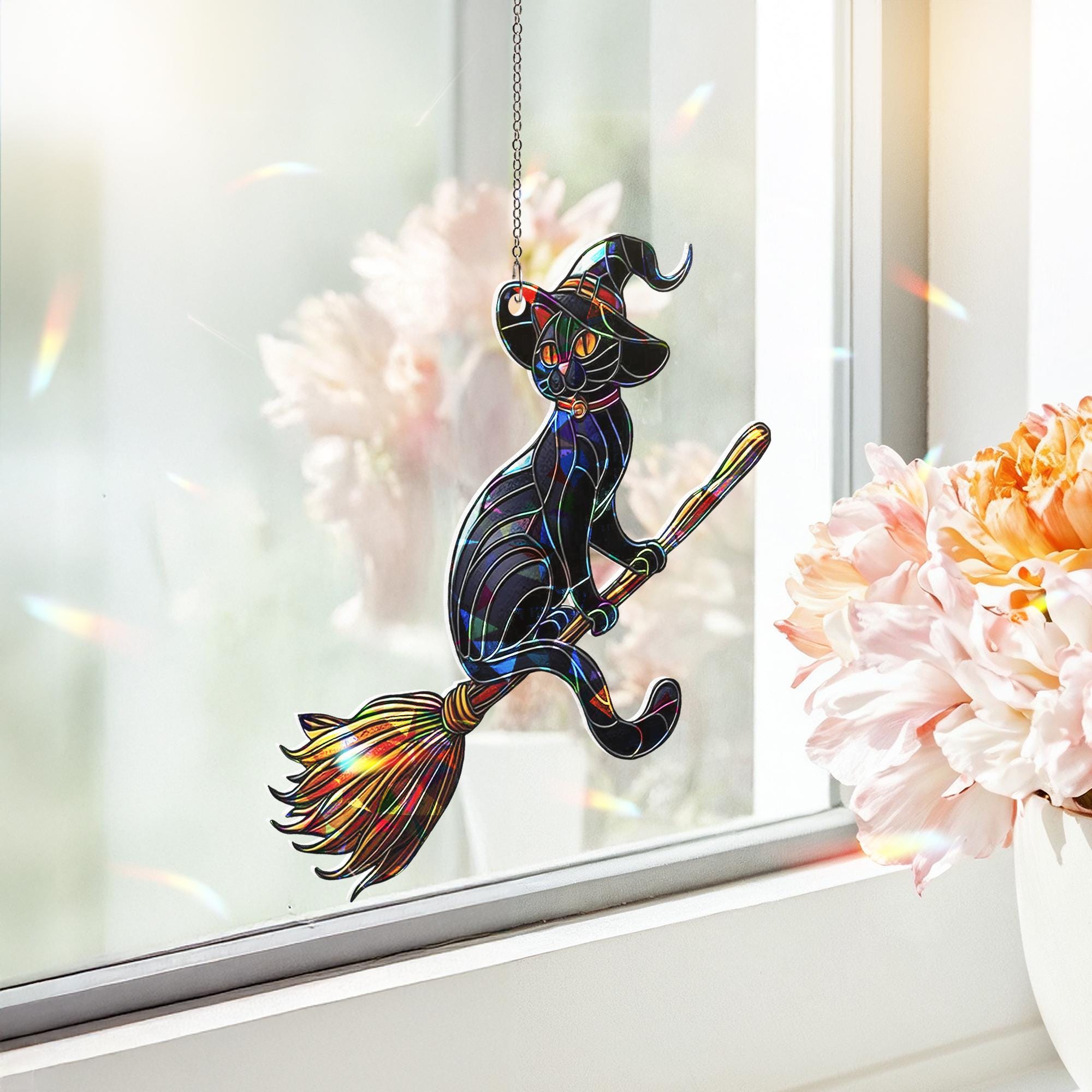 Witch Cat on Broom Suncatcher, Holographic Acrylic Halloween Window Decor, Stained Glass Style Spooky Black Cat Hanging Art