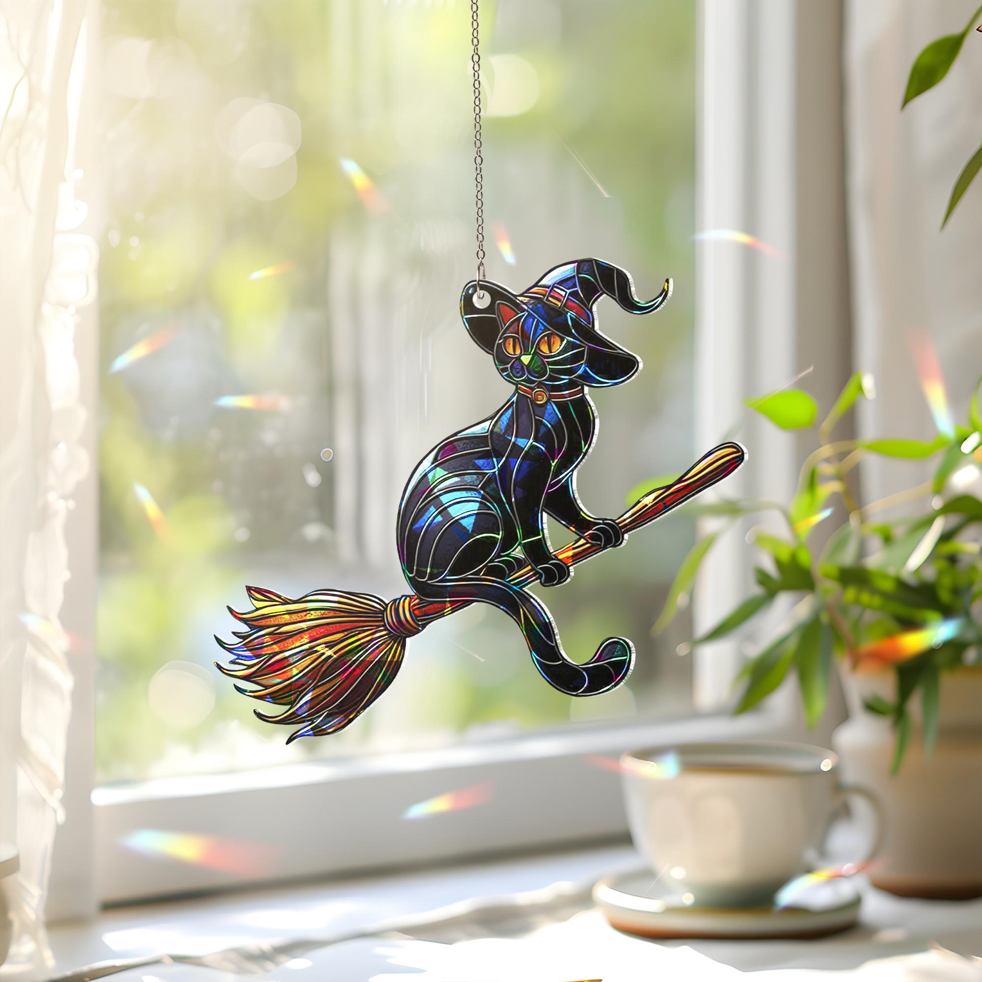 Witch Cat on Broom Suncatcher, Holographic Acrylic Halloween Window Decor, Stained Glass Style Spooky Black Cat Hanging Art
