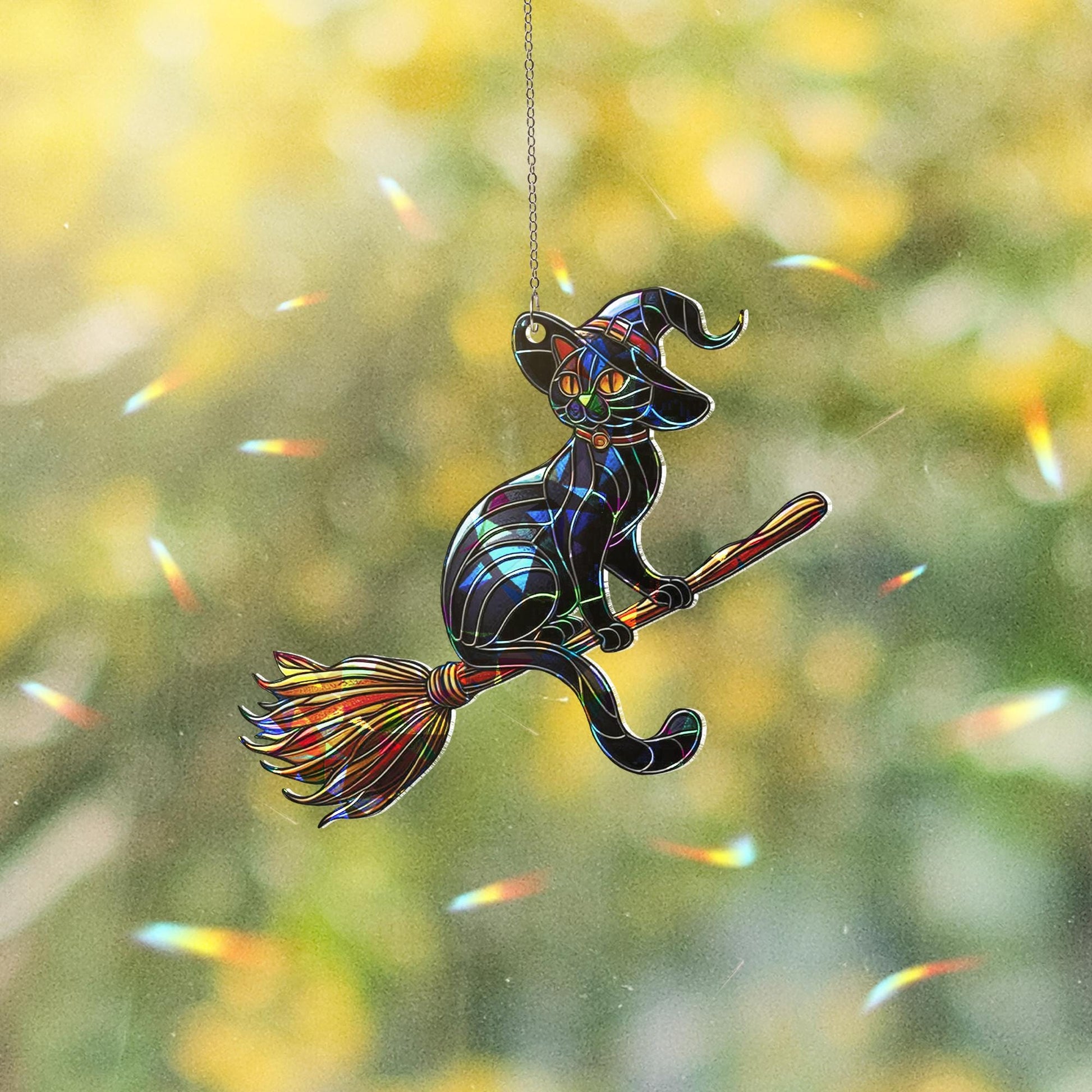 Witch Cat on Broom Suncatcher, Holographic Acrylic Halloween Window Decor, Stained Glass Style Spooky Black Cat Hanging Art