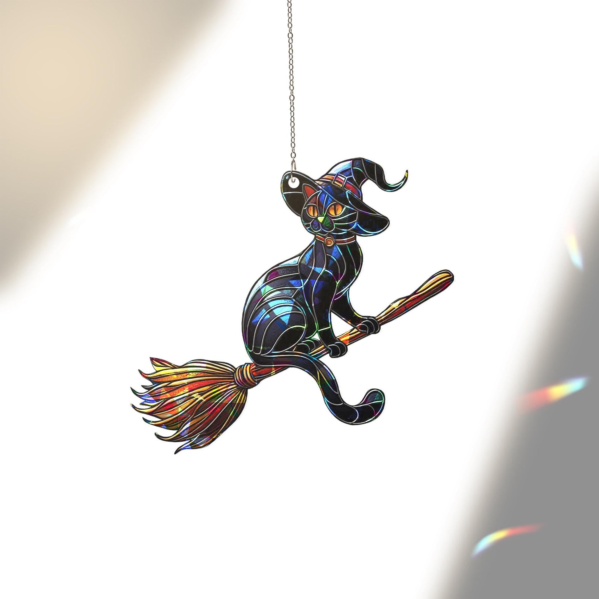 Witch Cat on Broom Suncatcher, Holographic Acrylic Halloween Window Decor, Stained Glass Style Spooky Black Cat Hanging Art