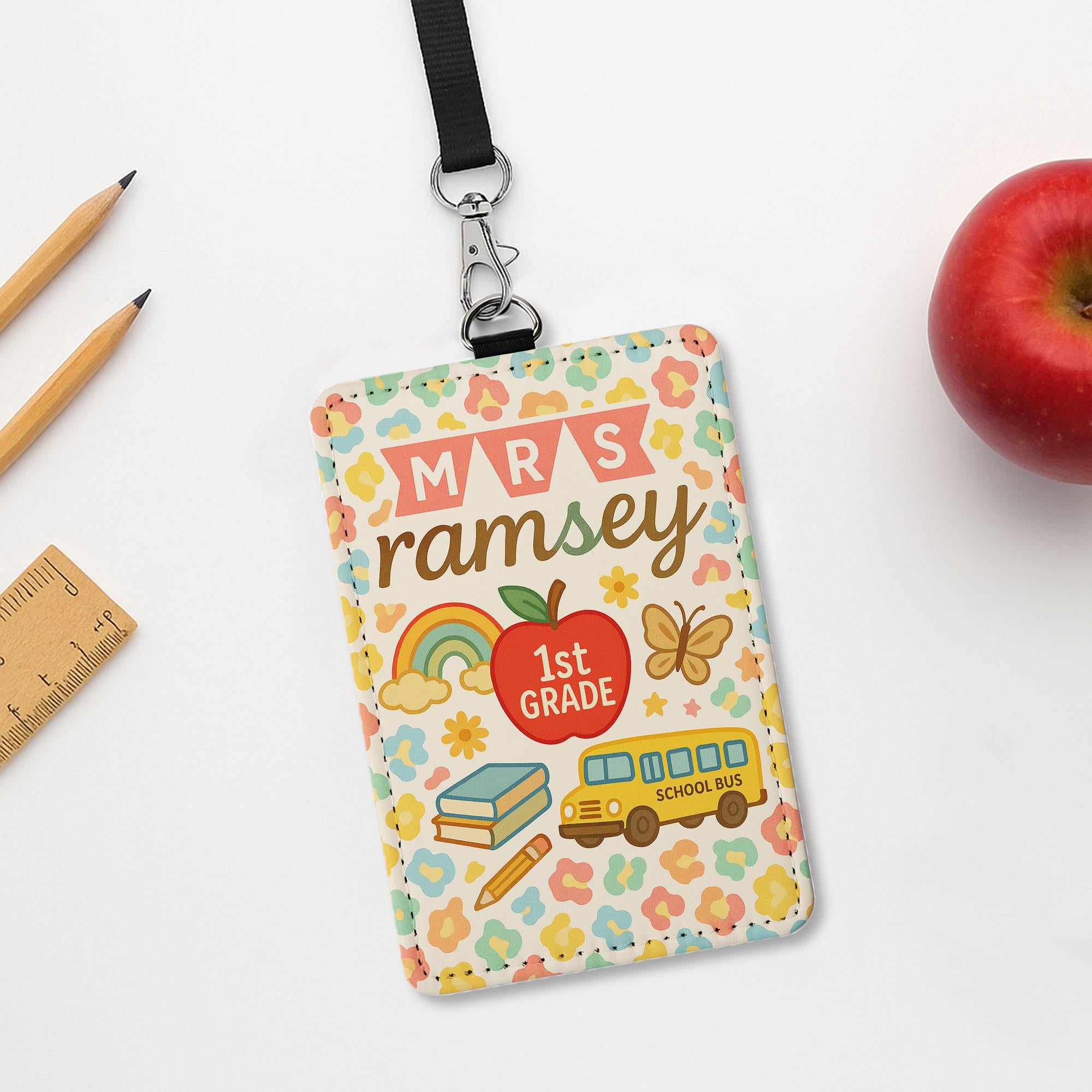 Personalized Teacher Leather Badge Holder, 1st Grade ID Card, Cute Back to School Lanyard, Custom Classroom Name Tag