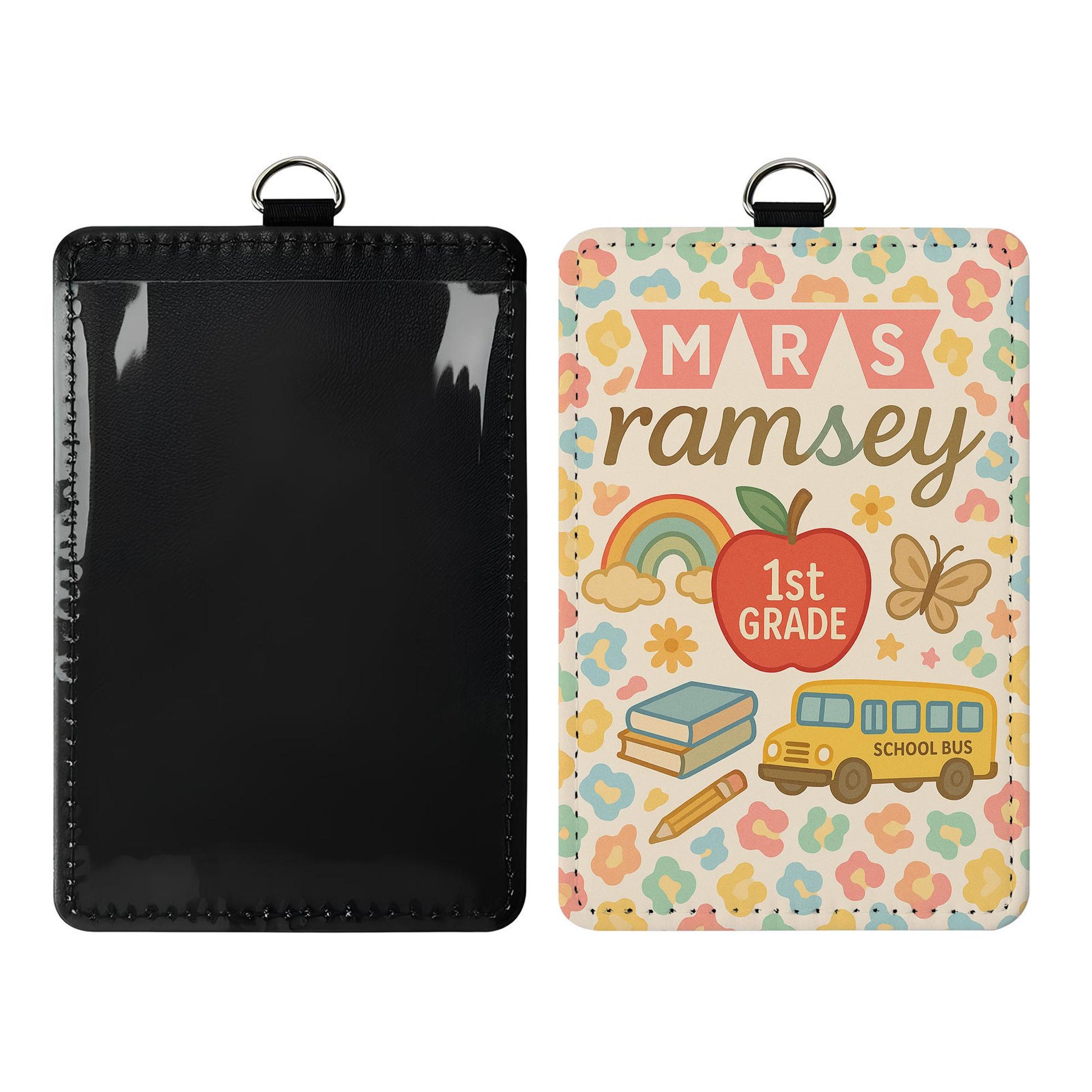 Personalized Teacher Leather Badge Holder, 1st Grade ID Card, Cute Back to School Lanyard, Custom Classroom Name Tag