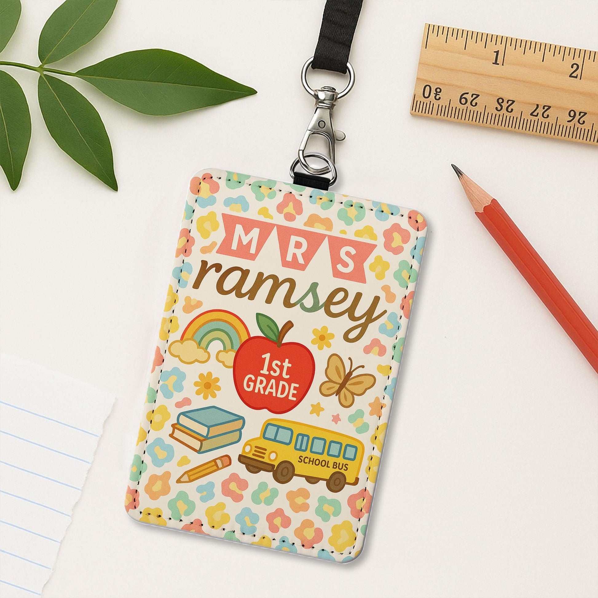 Personalized Teacher Leather Badge Holder, 1st Grade ID Card, Cute Back to School Lanyard, Custom Classroom Name Tag