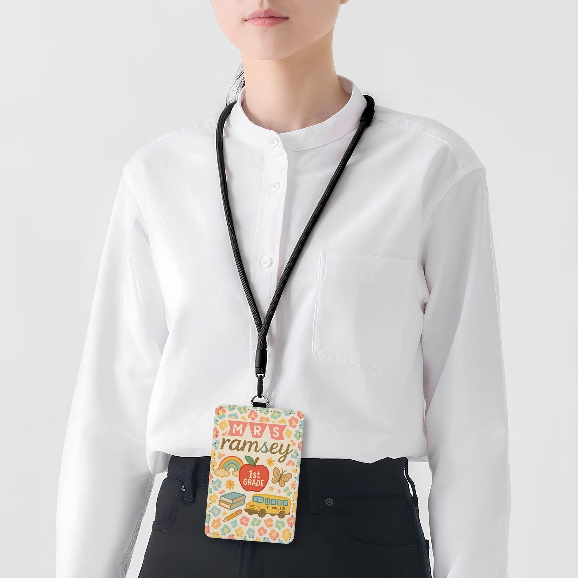 Personalized Teacher Leather Badge Holder, 1st Grade ID Card, Cute Back to School Lanyard, Custom Classroom Name Tag