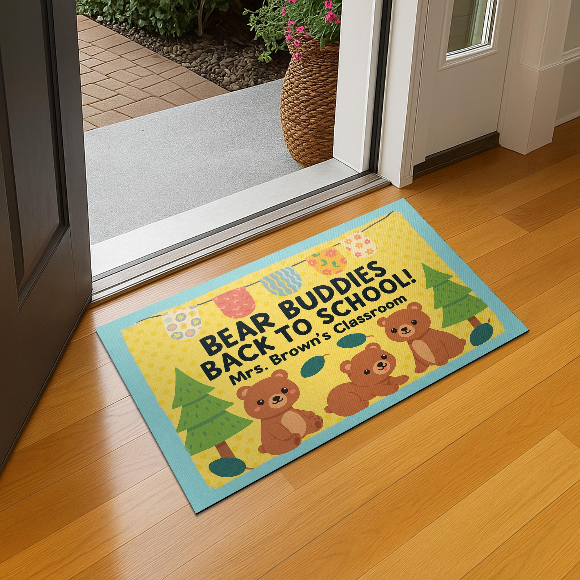 Bear Buddies Back to School Doormat, Personalized Classroom Rug for Teachers, Educators, School Staffs, Cute Animal Teacher Welcome Mat