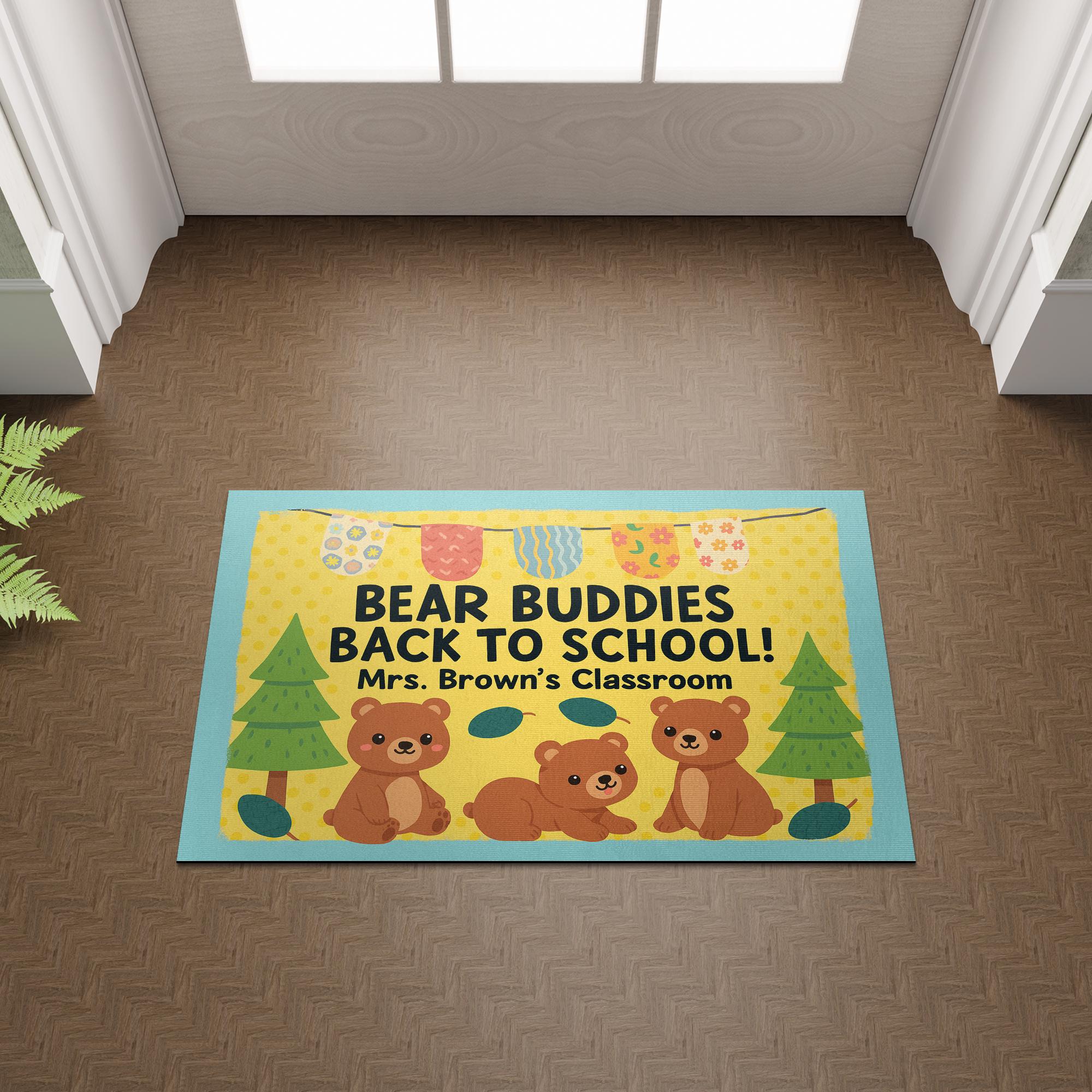 Bear Buddies Back to School Doormat, Personalized Classroom Rug for Teachers, Educators, School Staffs, Cute Animal Teacher Welcome Mat