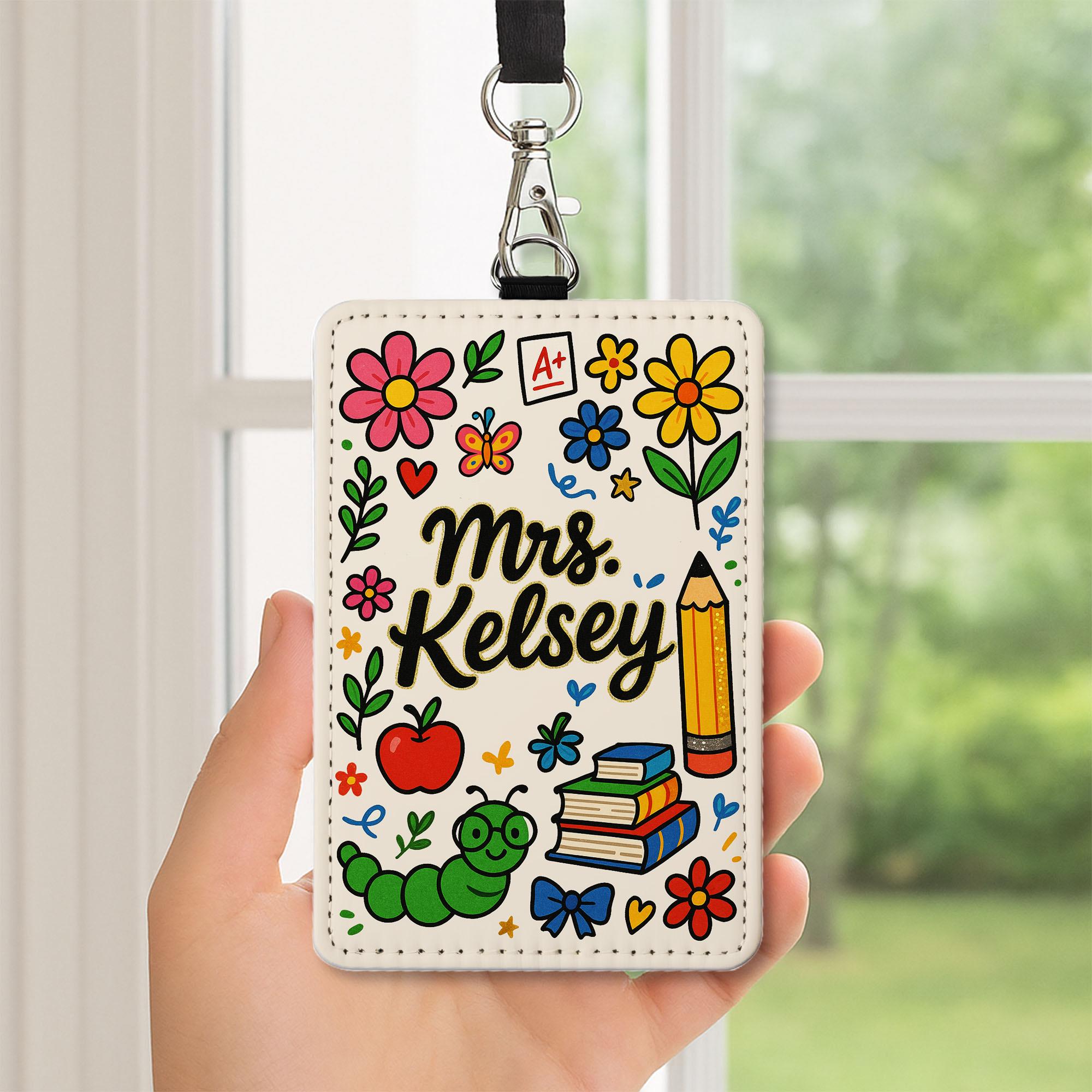 Custom Teacher Leather Badge Holder, Personalized Floral ID Card, Cute Classroom Lanyard, Back to School Name Tag for Educators