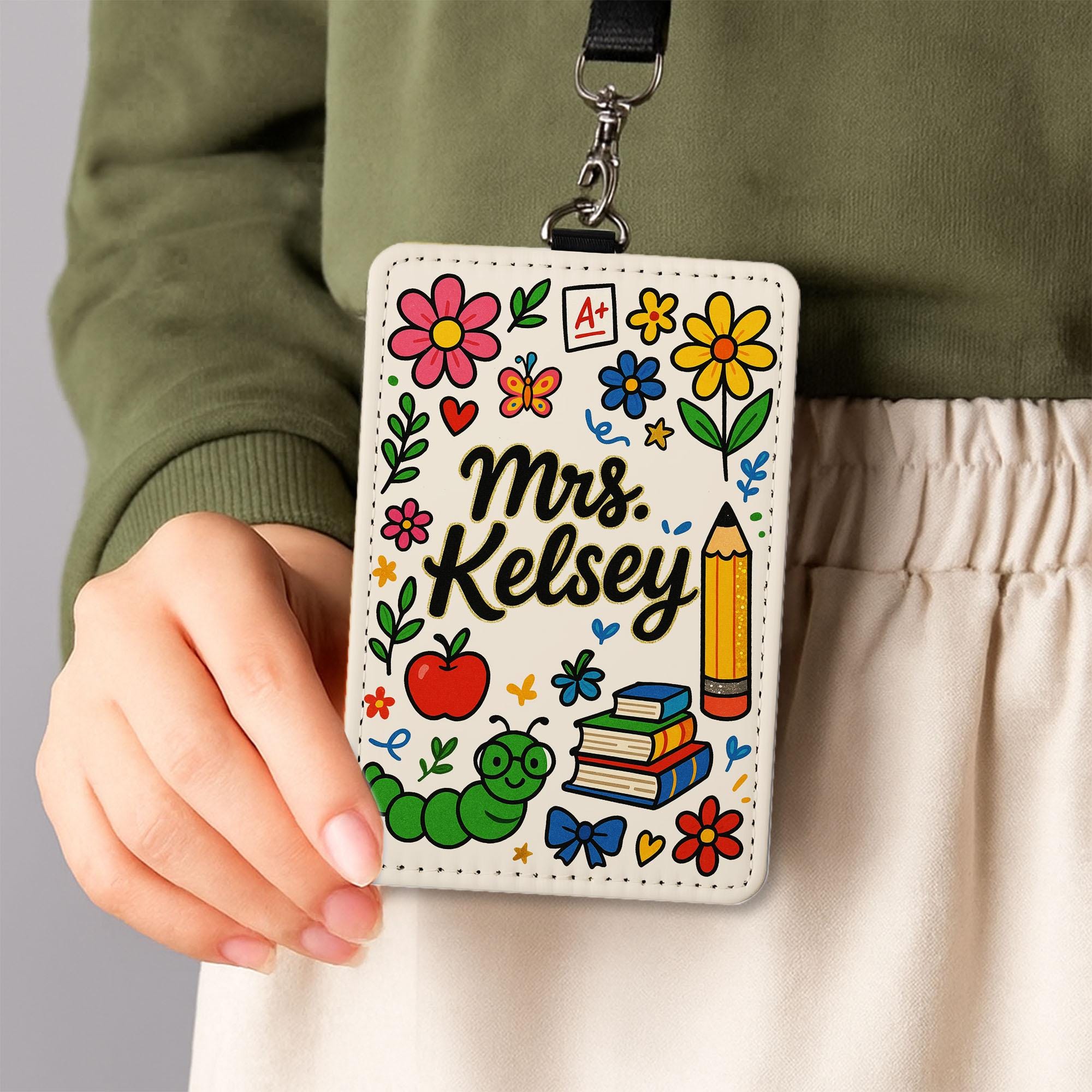 Custom Teacher Leather Badge Holder, Personalized Floral ID Card, Cute Classroom Lanyard, Back to School Name Tag for Educators