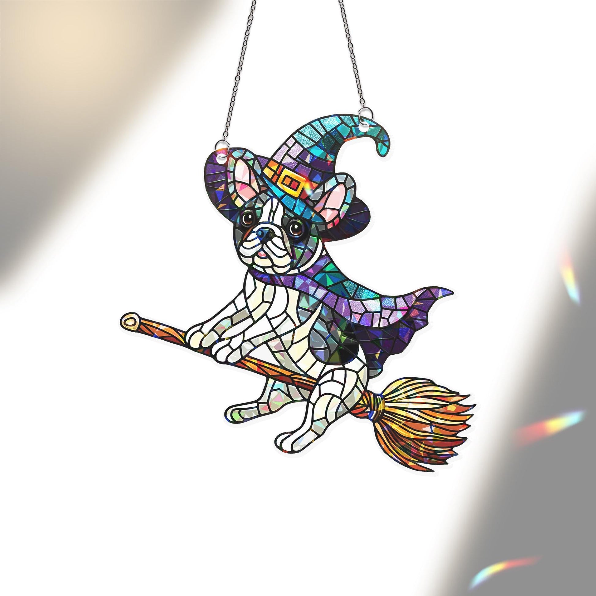 Boston Terrier Witch Suncatcher, Holographic Acrylic Halloween Dog Window Decor, acrylic Flying Pup Broom Ornament