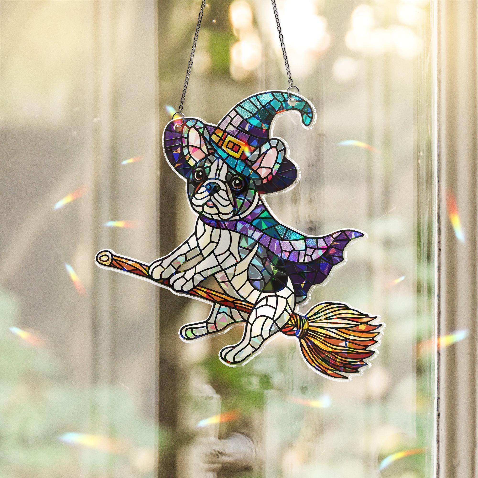 Boston Terrier Witch Suncatcher, Holographic Acrylic Halloween Dog Window Decor, acrylic Flying Pup Broom Ornament