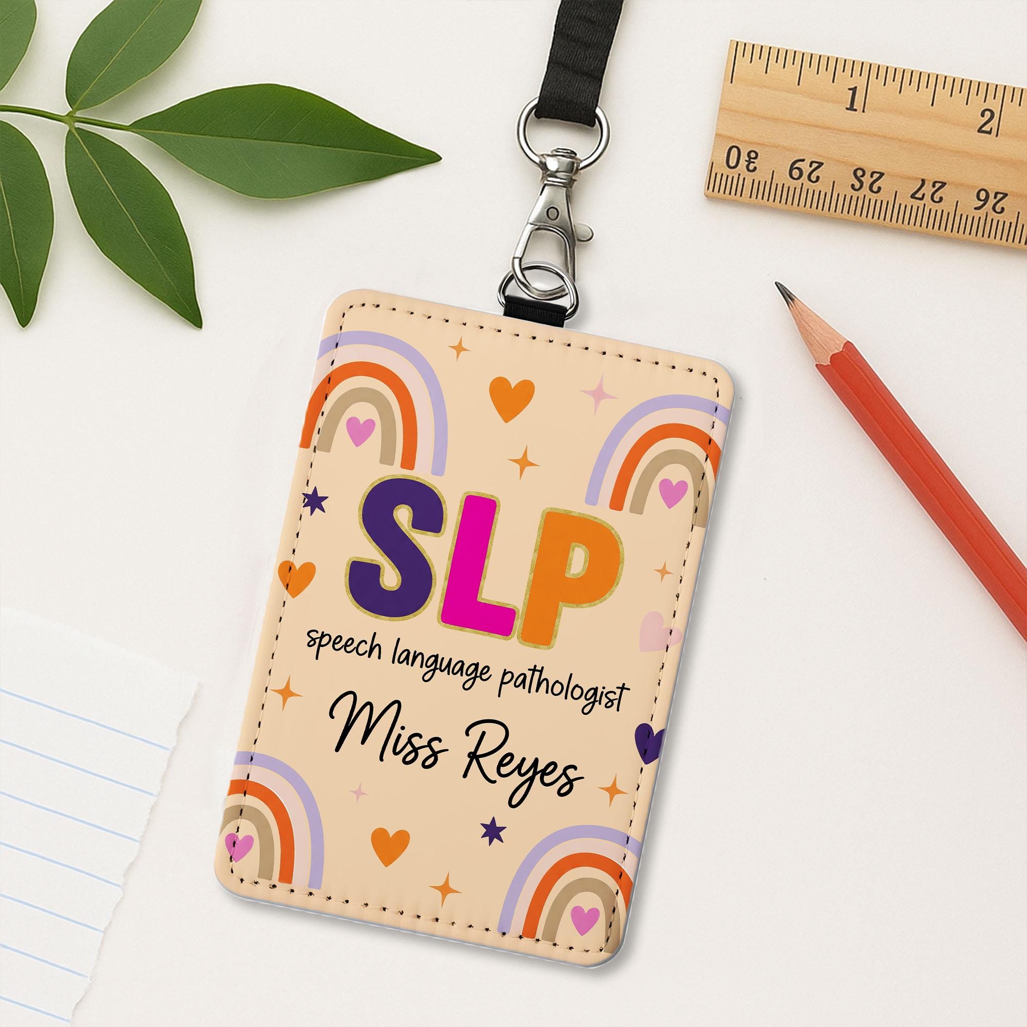 SLP Leather Badge Holder, Custom Speech Language Pathologist ID Card, Rainbow Name Tag, Personalized Back to School Lanyard