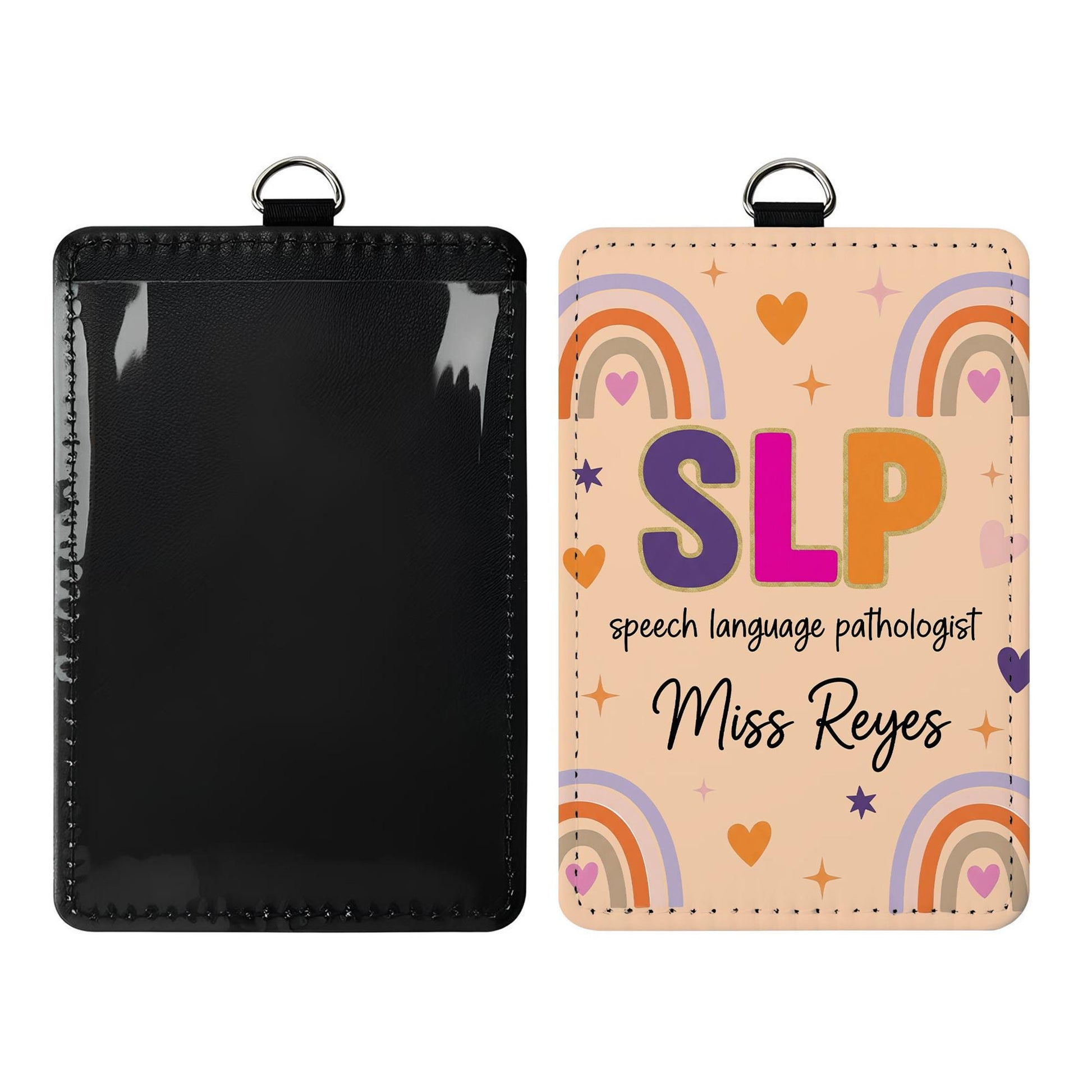 SLP Leather Badge Holder, Custom Speech Language Pathologist ID Card, Rainbow Name Tag, Personalized Back to School Lanyard