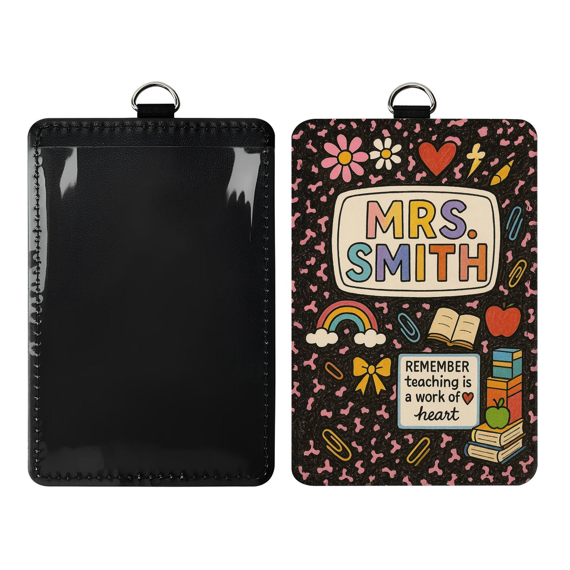 Personalized Teacher Leather Badge Holder, Cute Rainbow ID Card, Back to School Name Tag, Teaching is a Work of Heart Lanyard