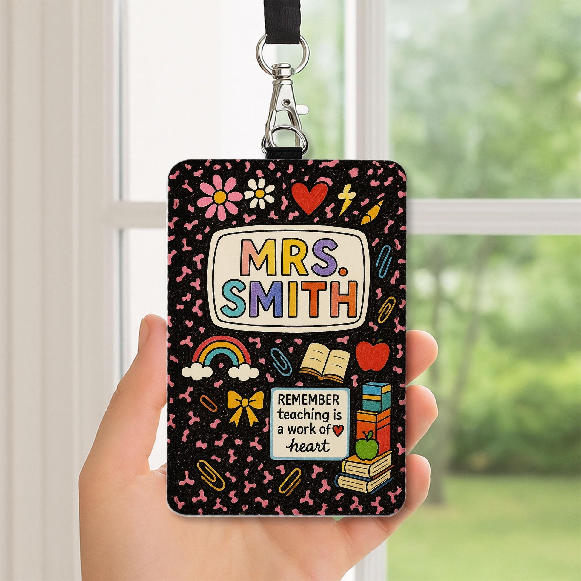 Personalized Teacher Leather Badge Holder, Cute Rainbow ID Card, Back to School Name Tag, Teaching is a Work of Heart Lanyard