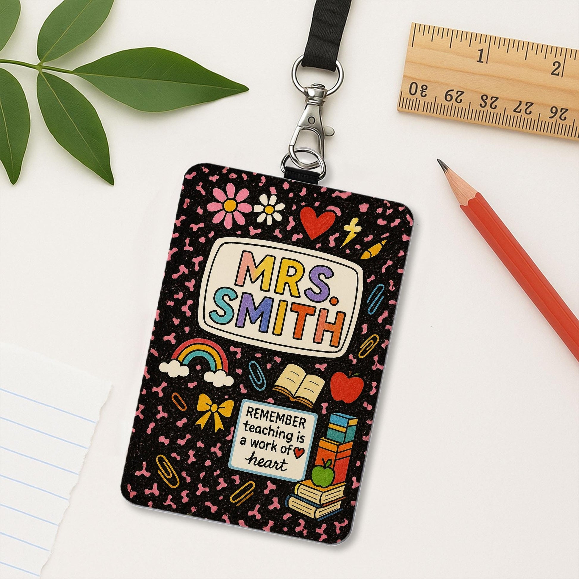 Personalized Teacher Leather Badge Holder, Cute Rainbow ID Card, Back to School Name Tag, Teaching is a Work of Heart Lanyard