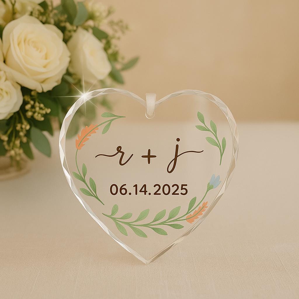 Custom Wedding Glass Ornament, Personalized Heart Keepsake with Names & Date, Bridal Gift, Elegant Anniversary or Engagement Decor