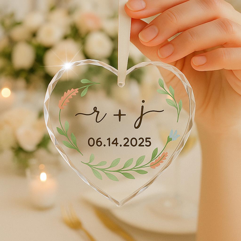 Custom Wedding Glass Ornament, Personalized Heart Keepsake with Names & Date, Bridal Gift, Elegant Anniversary or Engagement Decor
