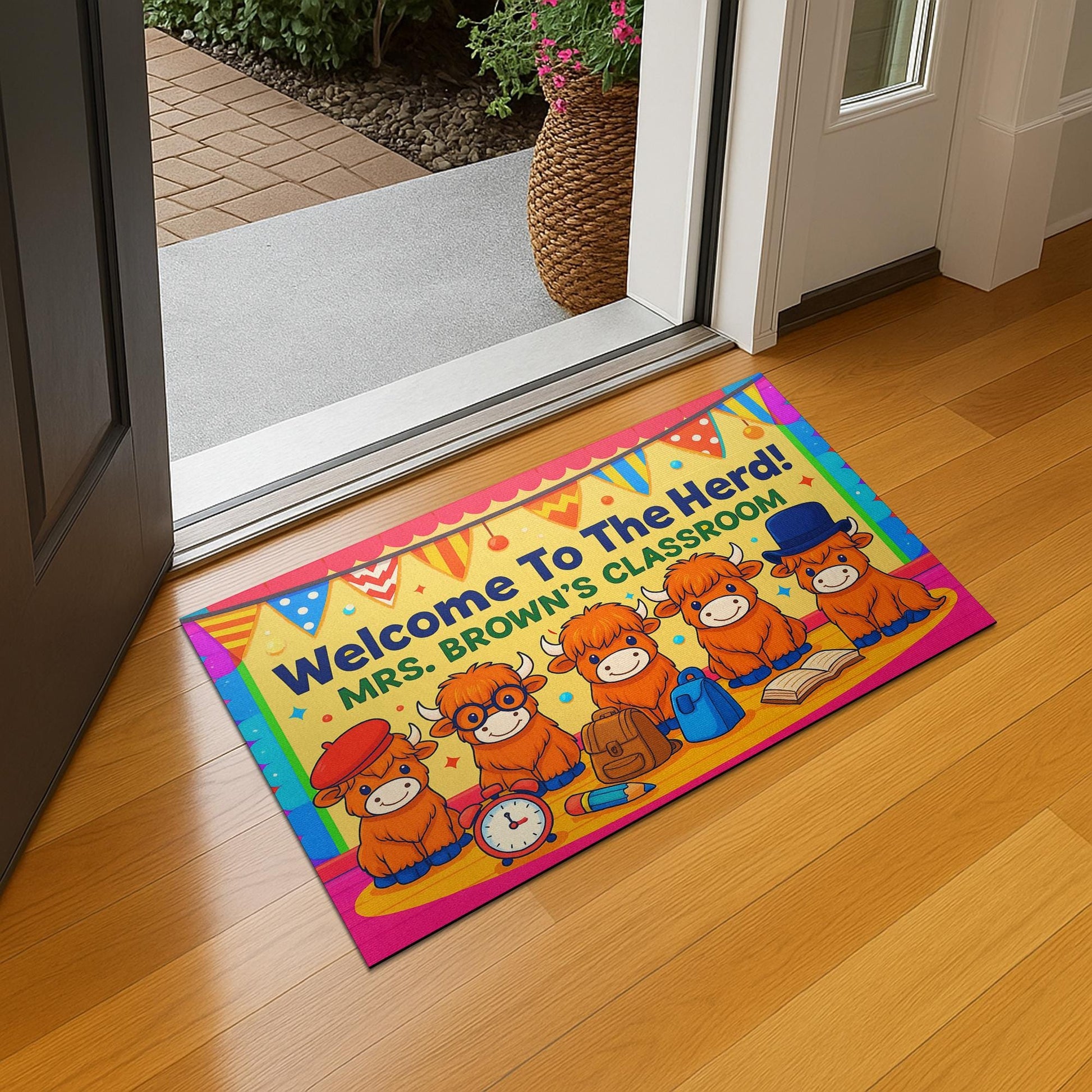 Welcome to the Herd Doormat, Personalized Highland Cow Classroom Rug, Back to School Teacher Mat, Classroom Decor Gift for Educators, Staffs