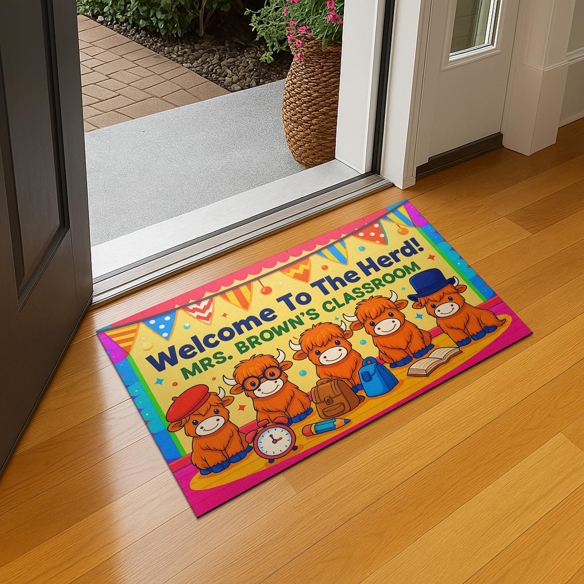 Welcome to the Herd Doormat, Personalized Highland Cow Classroom Rug, Back to School Teacher Mat, Classroom Decor Gift for Educators, Staffs