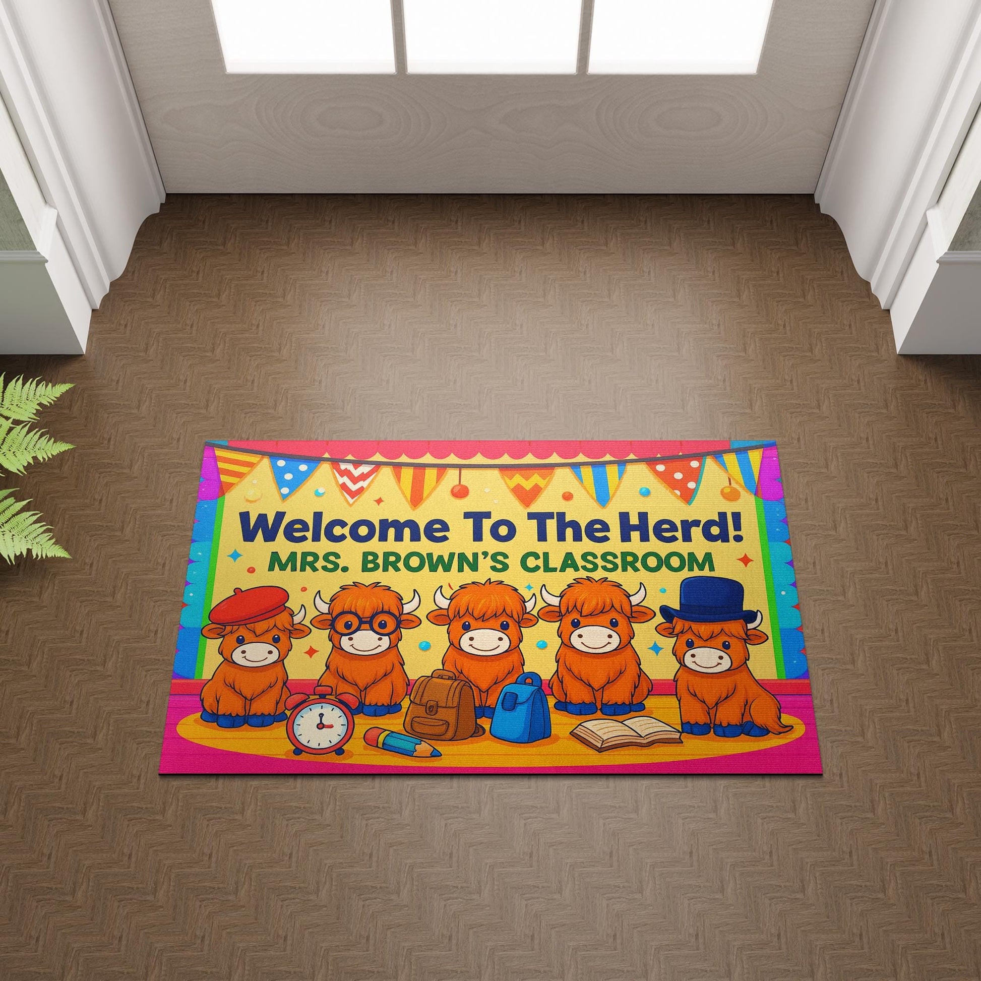Welcome to the Herd Doormat, Personalized Highland Cow Classroom Rug, Back to School Teacher Mat, Classroom Decor Gift for Educators, Staffs