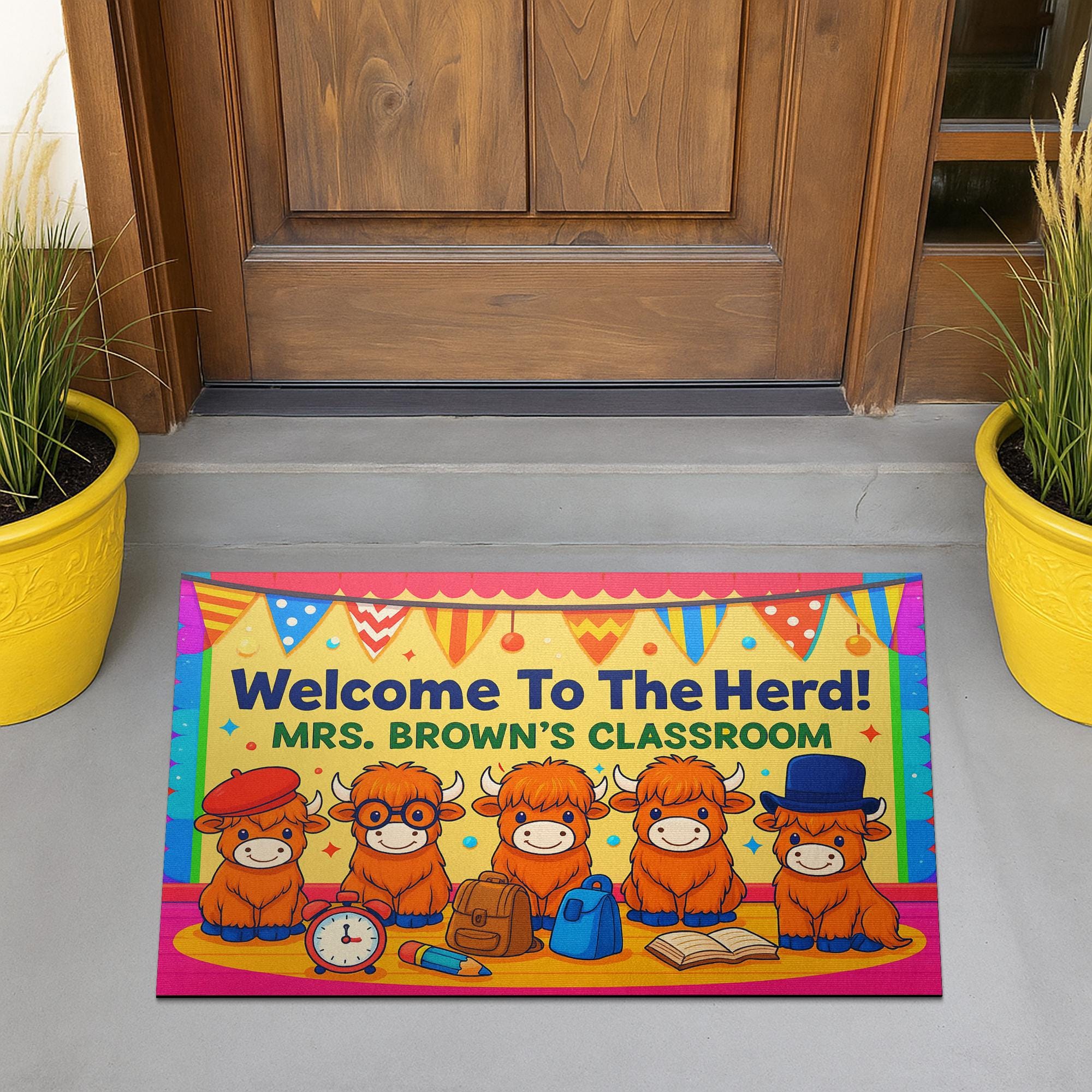 Welcome to the Herd Doormat, Personalized Highland Cow Classroom Rug, Back to School Teacher Mat, Classroom Decor Gift for Educators, Staffs