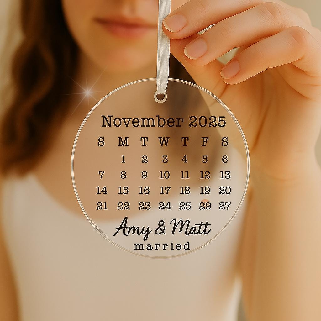 Custom Wedding Date Calendar Ornament, Personalized Acrylic Keepsake with Names & Heart, Married Gift, Engagement or Anniversary Decor