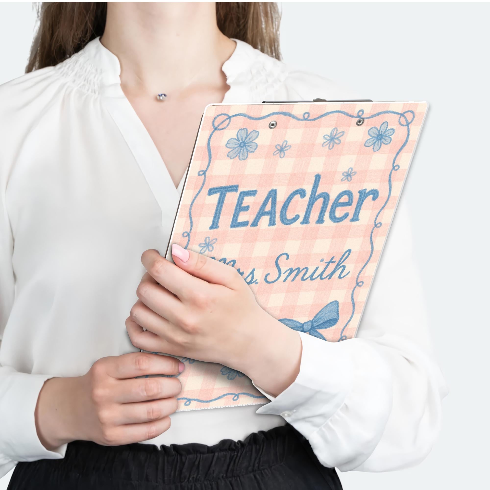 Custom Teacher Clipboard, Personalized Gingham Floral Clipboard, Cute Bow Design, Back to School Gift for Classroom Organization