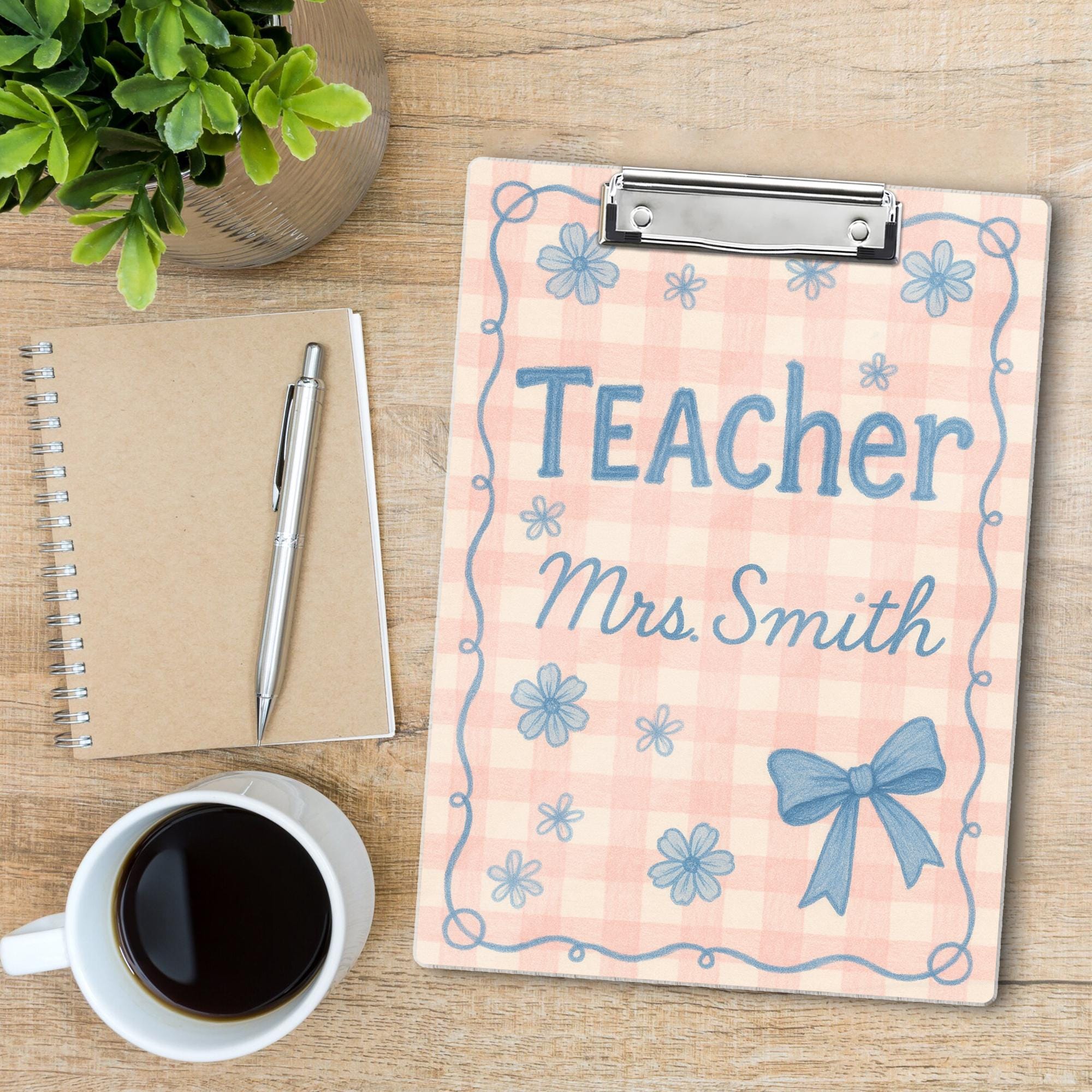 Custom Teacher Clipboard, Personalized Gingham Floral Clipboard, Cute Bow Design, Back to School Gift for Classroom Organization